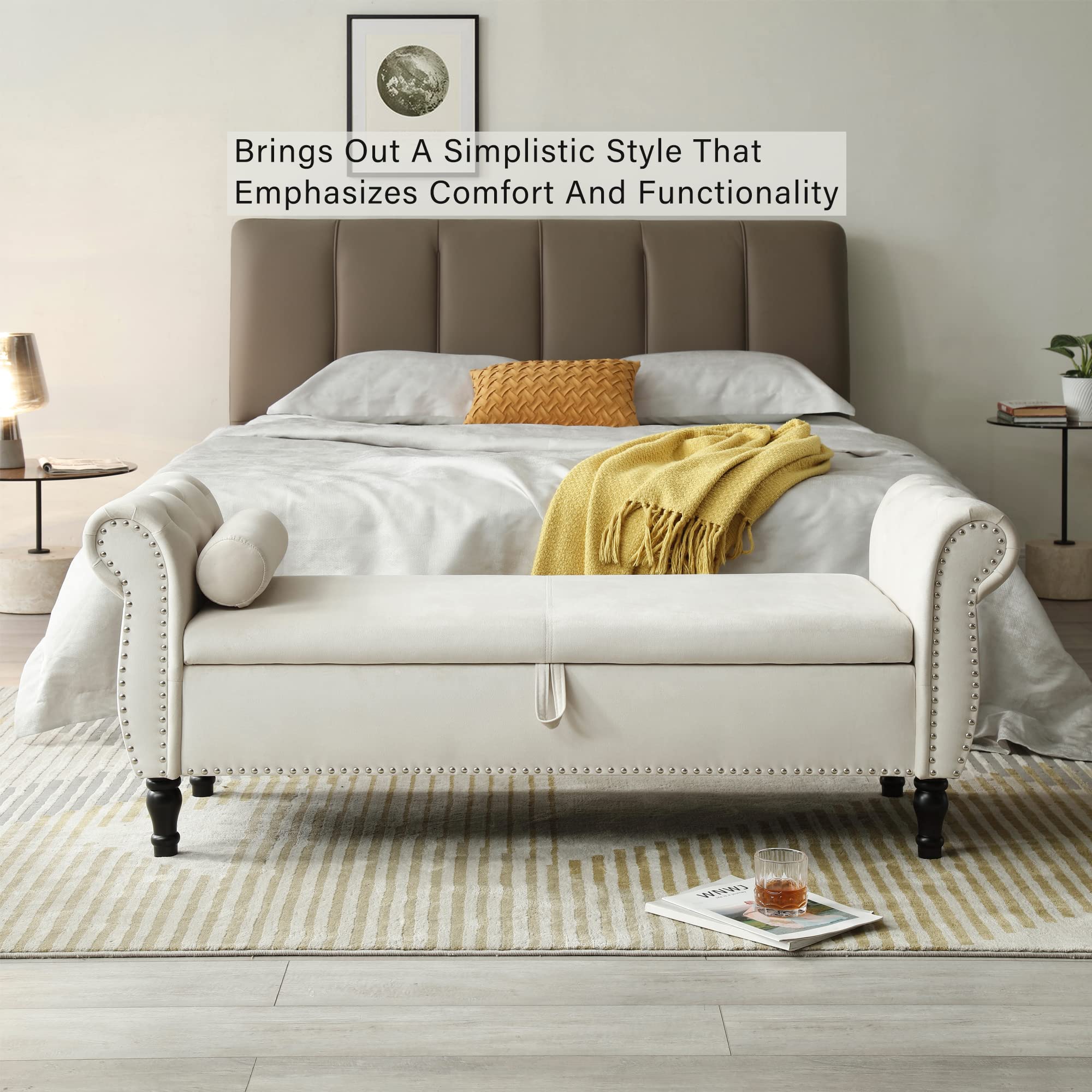 Homtique Velvet Storage Ottoman Bench with Nailhead Trim - Large Upholstered Footstool with Hidden Storage for Living Room, Bedroom & Entryway (Beige) | Perfect for Extra Seating, Footrest & Home Organization