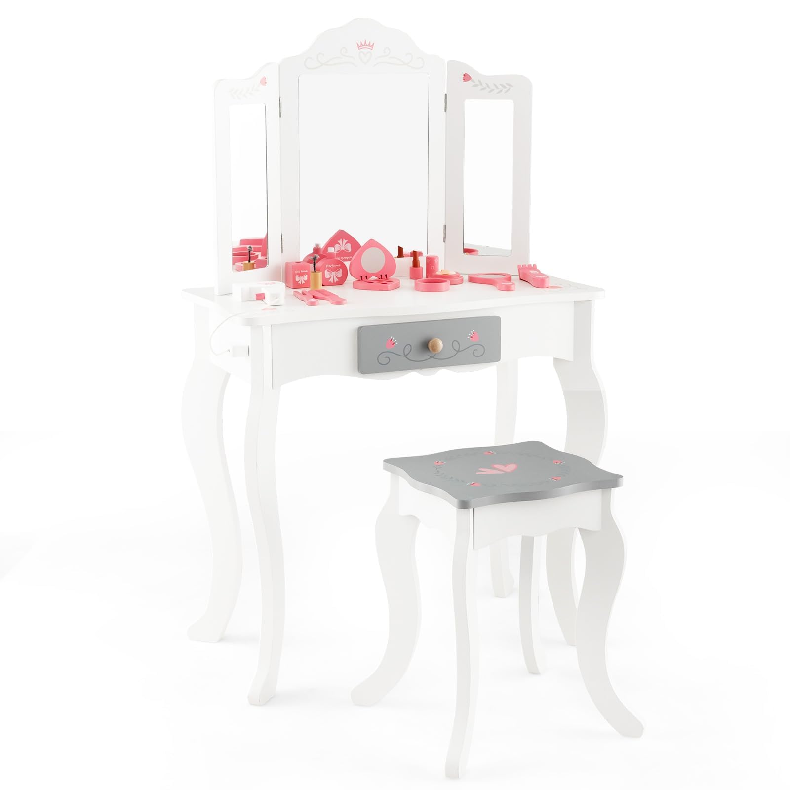 Honey Joy Kids Vanity Set with Mirror & Stool - Wooden Makeup Table for Toddlers - Pretend Play Dressing Toys for Little Girls (White) - Perfect for Birthday Gifts & Role Play