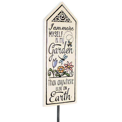 Ceramic Art Tile Garden Stake with 'I'm More Myself in My Garden' Quote, American Made, Perfect for Outdoor Decor and Garden Inspiration