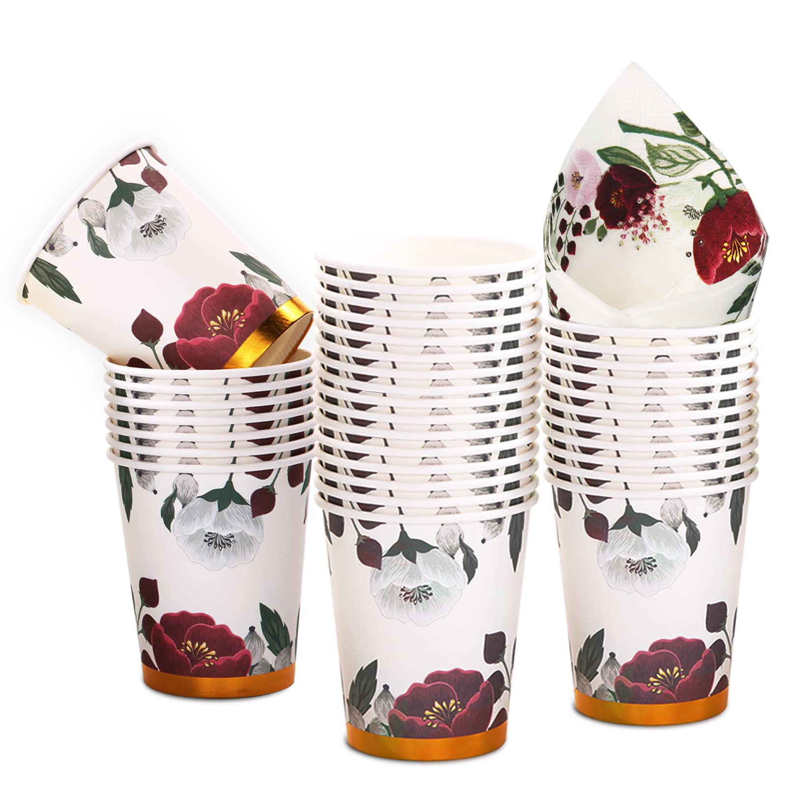 200Pcs Burgundy Floral Paper Plates & Napkins Set - Elegant Wedding, Bridal Shower & Party Supplies for 50 Guests - Perfect for Birthday, Valentine's Day, Easter & Spring Celebrations - Ideal for Indoor/Outdoor Events, Baby Showers & Anniversary Parties