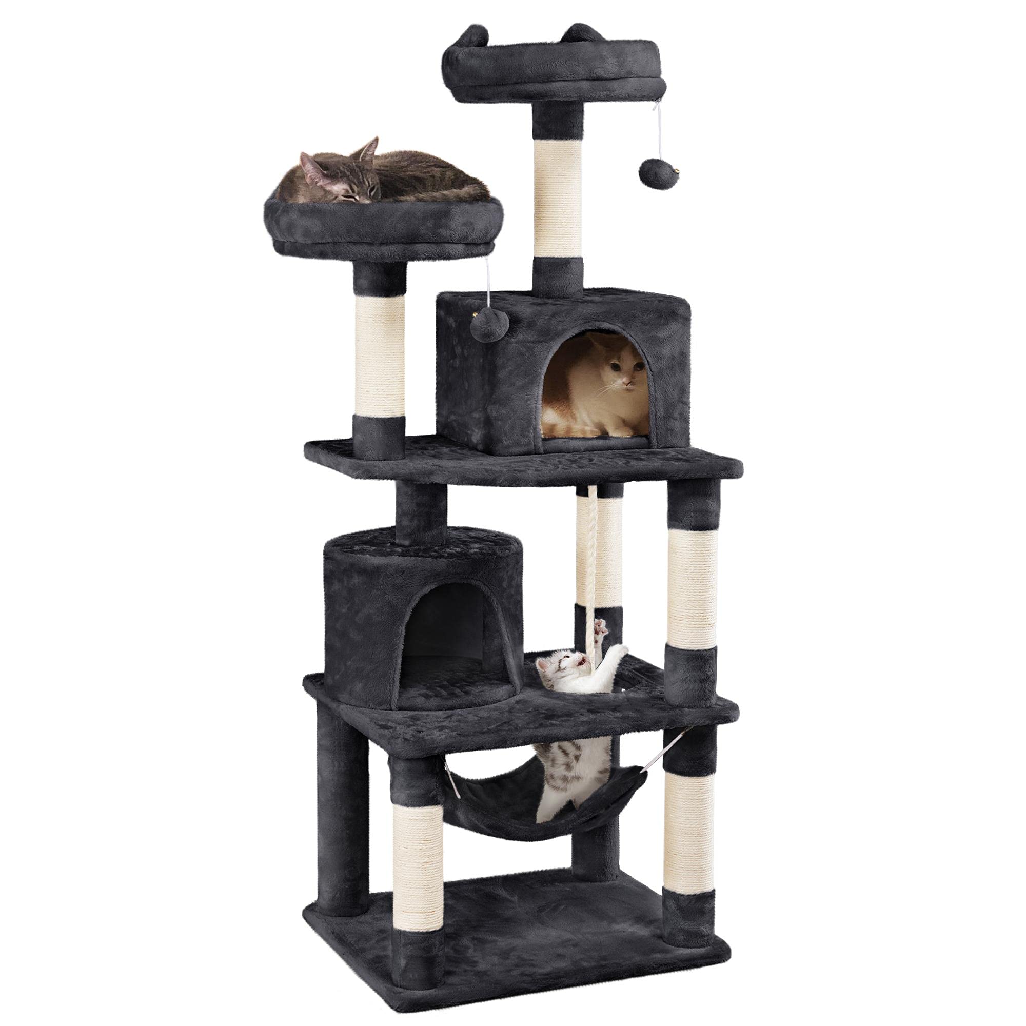 Topeakmart 62.2 Inch Cat Tree with Double Condos, Scratching Posts & Hammock - Sturdy Cat Tower for Indoor Cats - Kitten Play House & Activity Center for Climbing, Scratching & Lounging - Perfect for Small Spaces & Multi-Cat Homes (Black)
