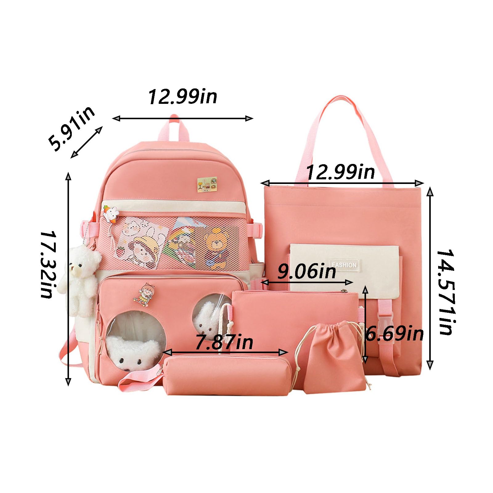 5Pcs Cute Kawaii Backpack Set for School - Aesthetic Yellow Backpack with Accessories | Girls School Supplies, College Backpack, Travel Daypack for Teens & Kids