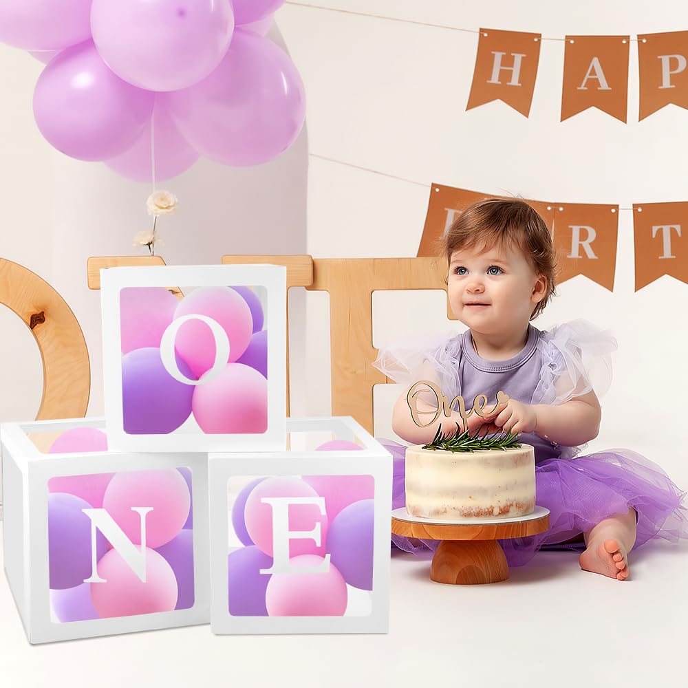1st Birthday Decorations for Boys & Girls - 3-Piece Balloon Box Set for Baby's First Birthday Party, Easter & Special Occasions | One Year Old Party Decor with Clear Blocks