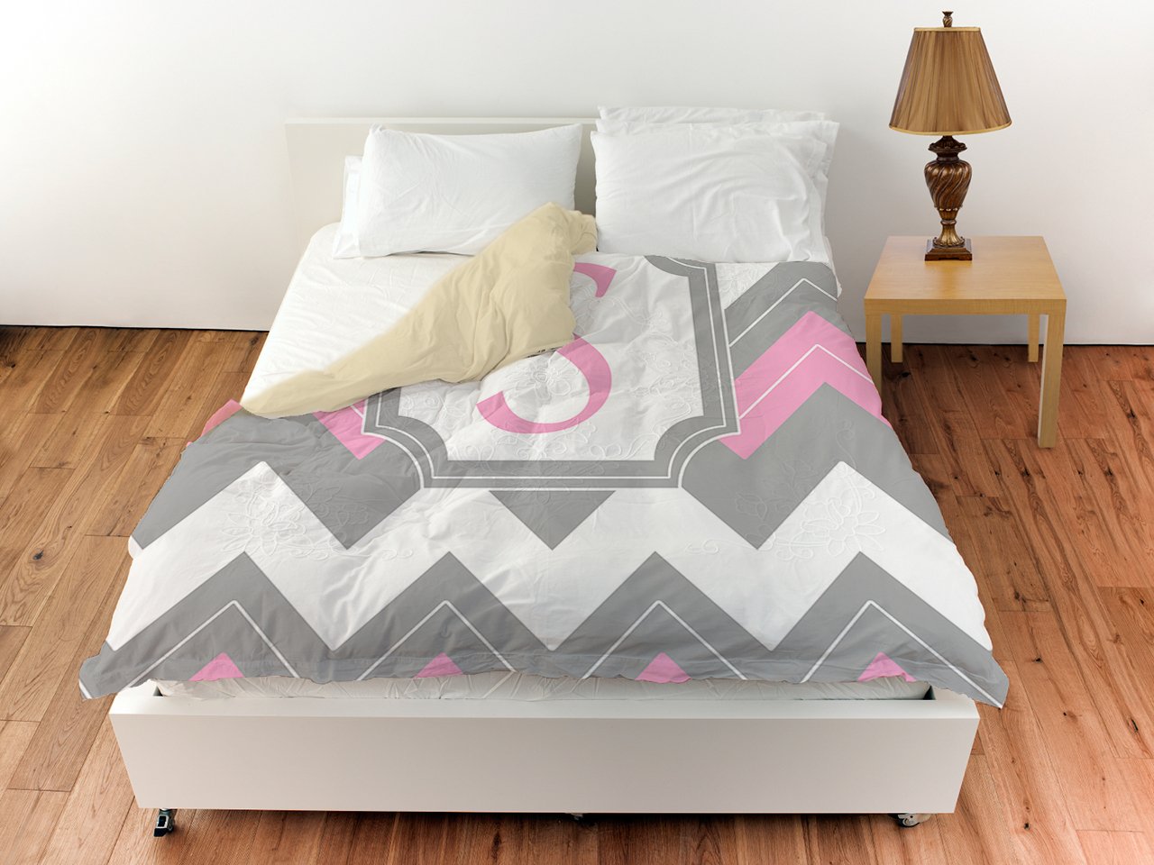 Monogrammed Letter S Pink Chevron King Duvet Cover by Manual Woodworkers & Weavers - Soft Bedding Set for Master Bedroom, Guest Room & Luxury Hotel Decor