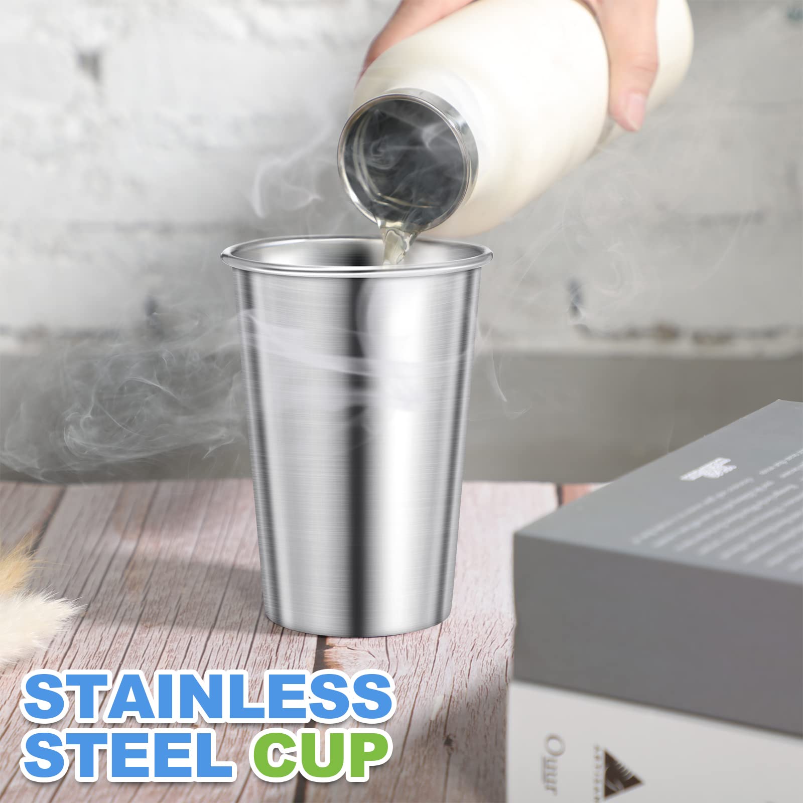 Honeydak 16 Pack 16 oz Stainless Steel Cups - Stackable Metal Camping Tumblers, Shatterproof Drinking Glasses for Adults | Perfect for Travel, Outdoor Adventures, Camping, Picnics, BBQs & Everyday Use