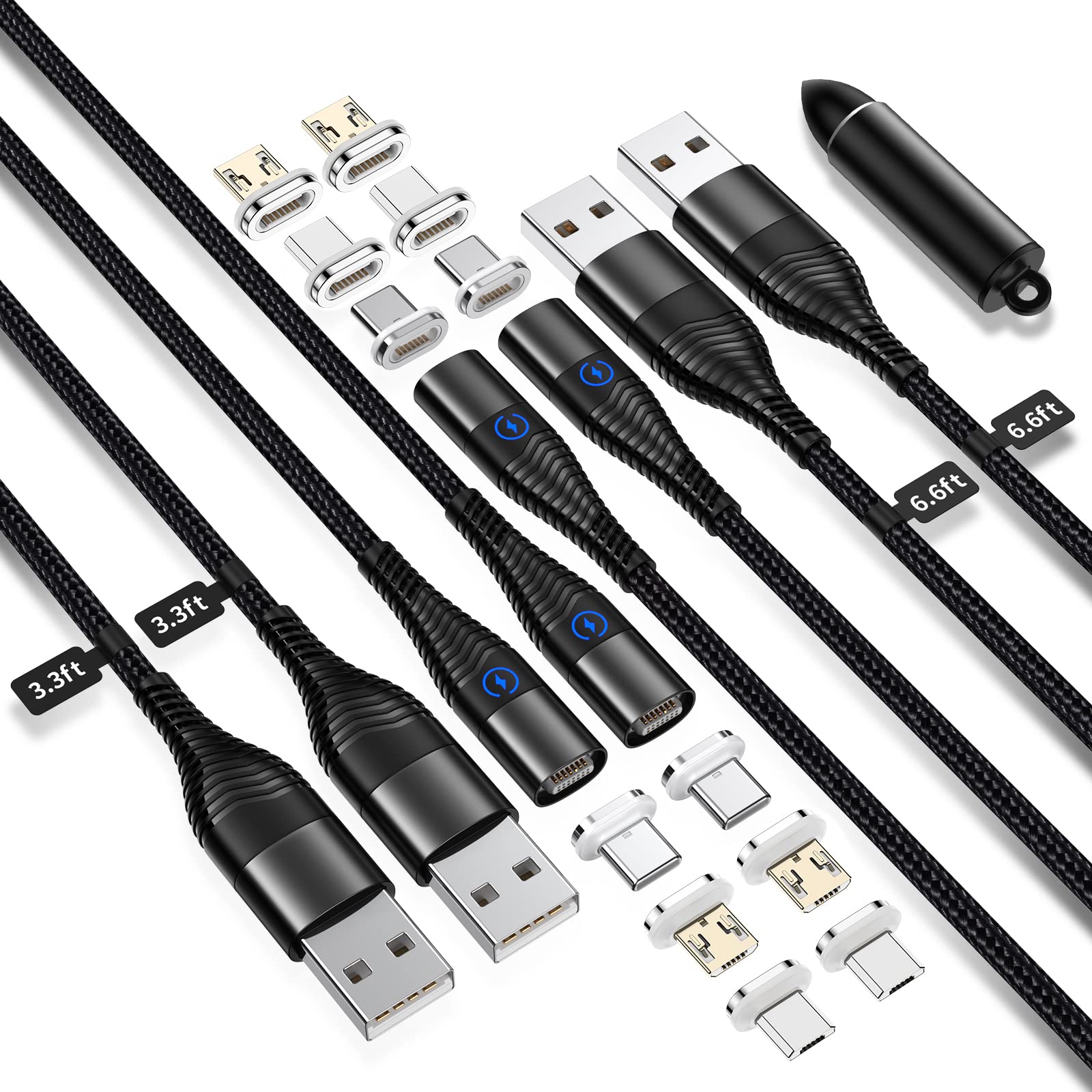 YKZ 3-in-1 Magnetic Charging Cable - Fast 15W USB-C/Micro USB/Lightning Cable with 12 Adapter Tips, Nylon Braided Durable Charger for iPhone 15/14/13/12, Samsung Galaxy, iPad & More (4-Pack: 1M+1M+2M+2M) - Perfect for Home, Office & Travel Charging