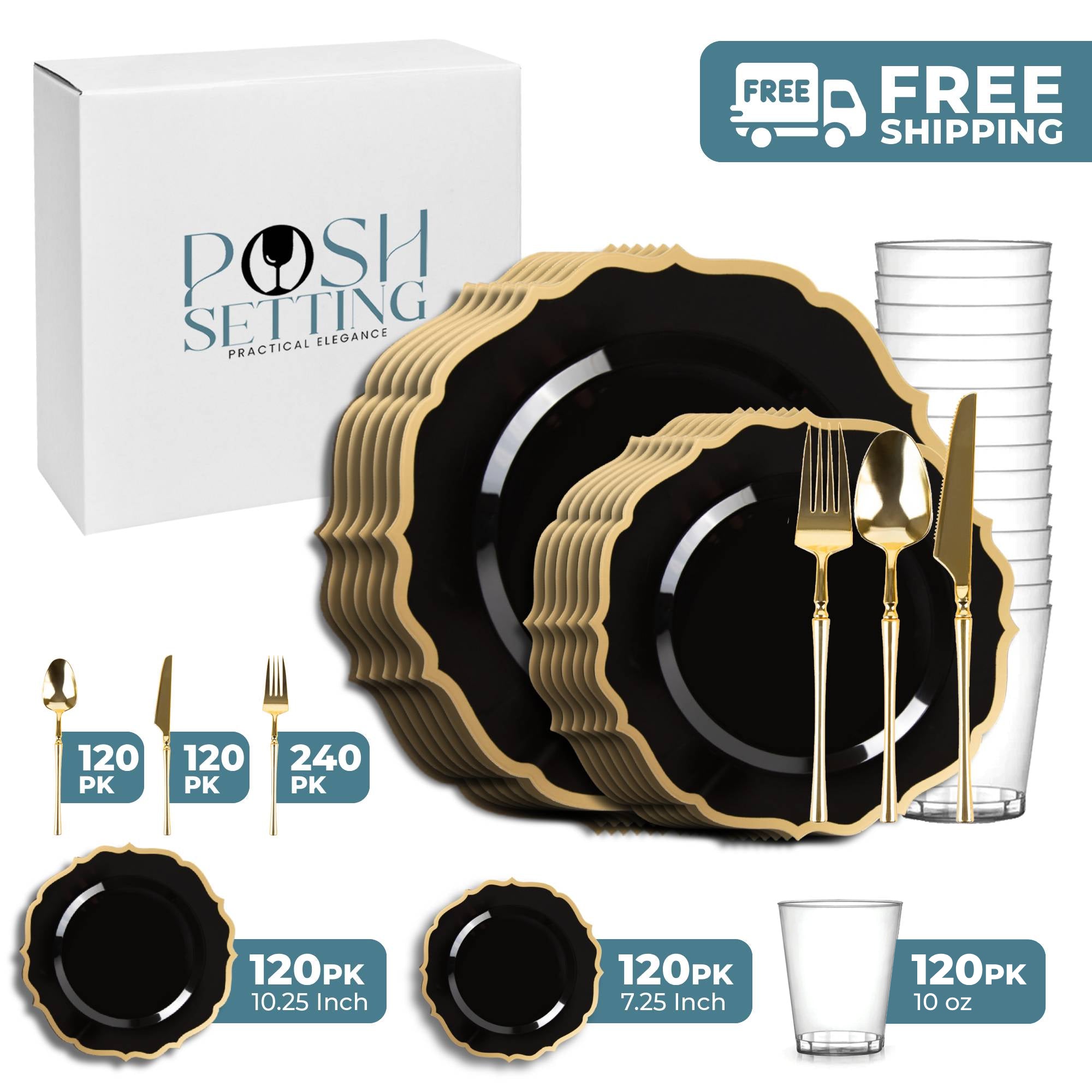 Black and Gold Plastic Party Bundle - Elegant Contemporary Party Supplies for Birthdays, Weddings & Celebrations - Perfect for Decorations, Tableware & Themed Events