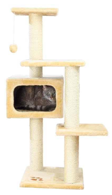 TRIXIE Palamos 42.9-inch Cat Tree with Scratching Posts, Condo, 3 Platforms & Dangling Pom-Pom - Beige Cat Tower for Indoor Cats - Perfect for Play, Climbing & Scratching in Home or Office