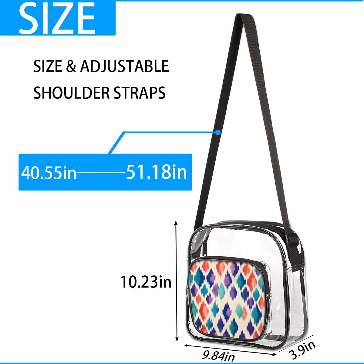 Mularoka Ikat Boho Clear Crossbody Purse Bag for Women & Men - Stylish Ikat Pattern Stadium Approved Clear Shoulder Bag for Concerts, Festivals & Sports Events - Perfect for Music Festivals, NFL Games & Theme Parks