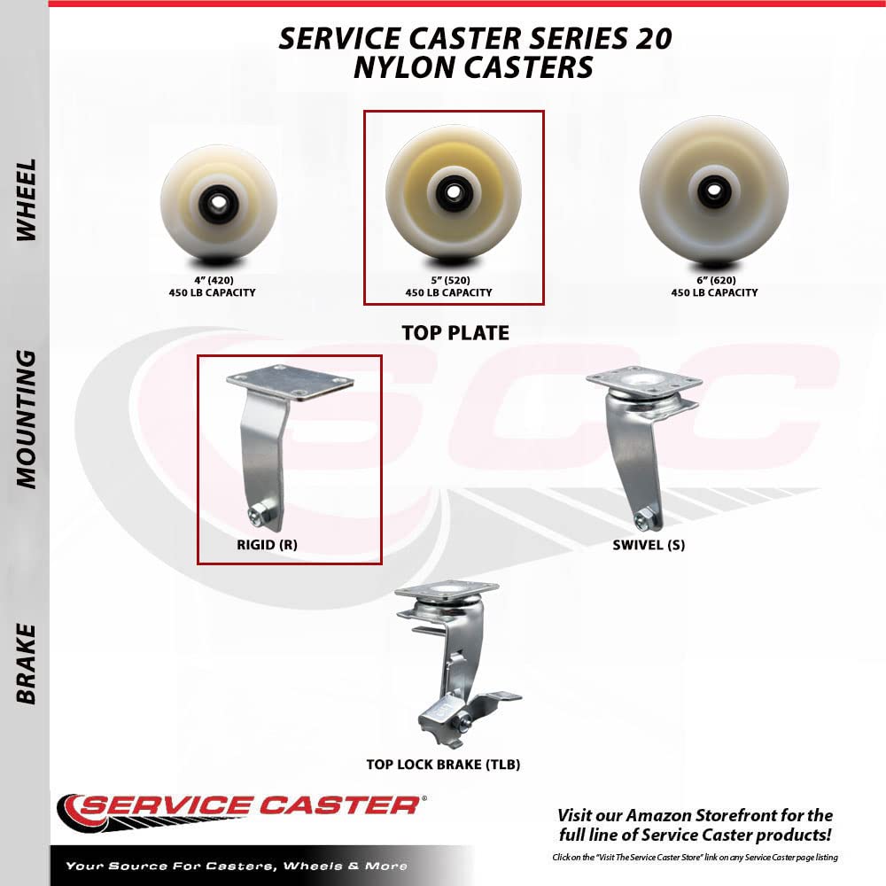 5 Inch White Nylon Wheel Swivel & Rigid Plate Caster Set with Ball Bearing - 1800 lbs Capacity (2 Locking Swivel + 2 Rigid Casters) by Service Caster - Perfect for Industrial Carts, Workbenches & Heavy-Duty Equipment