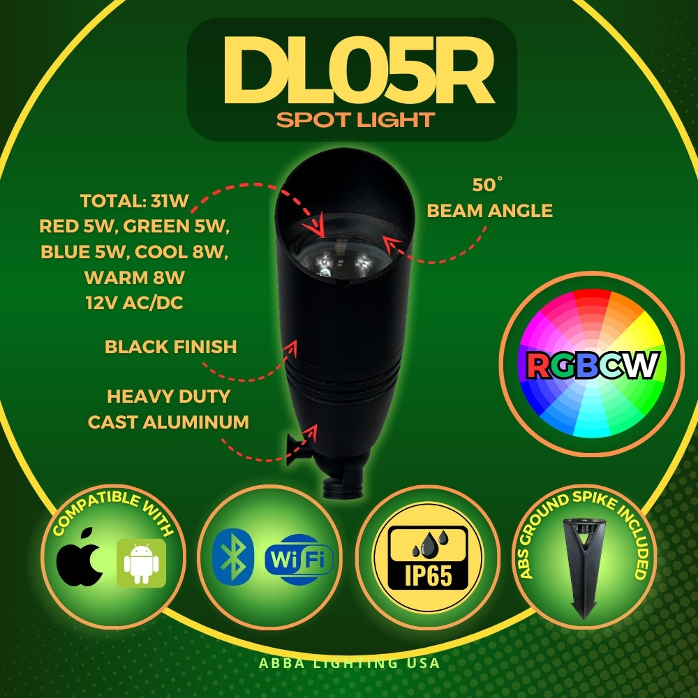 DL05R 4x/8x/12x 31W RGBCW LED Spotlight - Waterproof IP65 Cast Aluminum Outdoor Lighting for Garden, Pathway & Landscape - 12V AC/DC Low Voltage Bullet Directional Spotlight