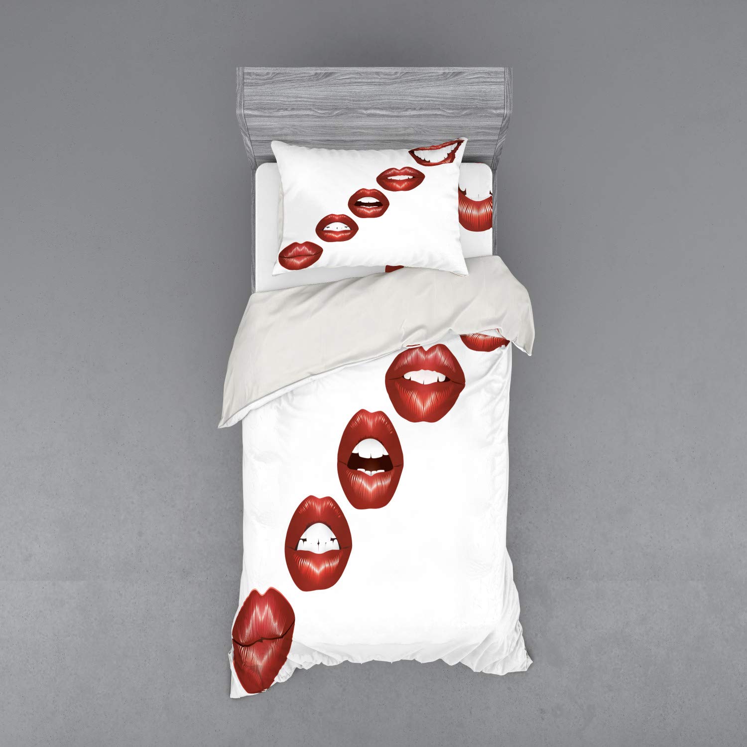 Ambesonne Kiss Bedding Set - Feminine Lips with Wine Lipstick Print, 3-Piece Duvet Cover Set with Pillow Sham & Fitted Sheet, Twin Size, Burgundy Vermilion & White - Perfect for Romantic Bedrooms, Guest Rooms & Dorm Decor