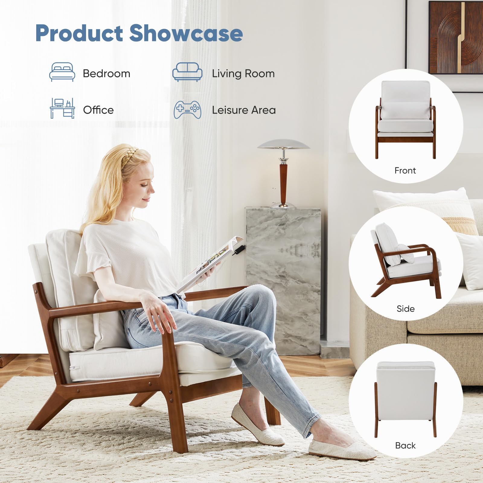 DUMOS Mid Century Modern Accent Chair with Pillow Seat - Upholstered Lounge Chair with Solid Wood Frame & Soft Cushion - Comfortable Reading Armchair for Living Room, Bedroom, Office, Balcony - Beige Home Decor
