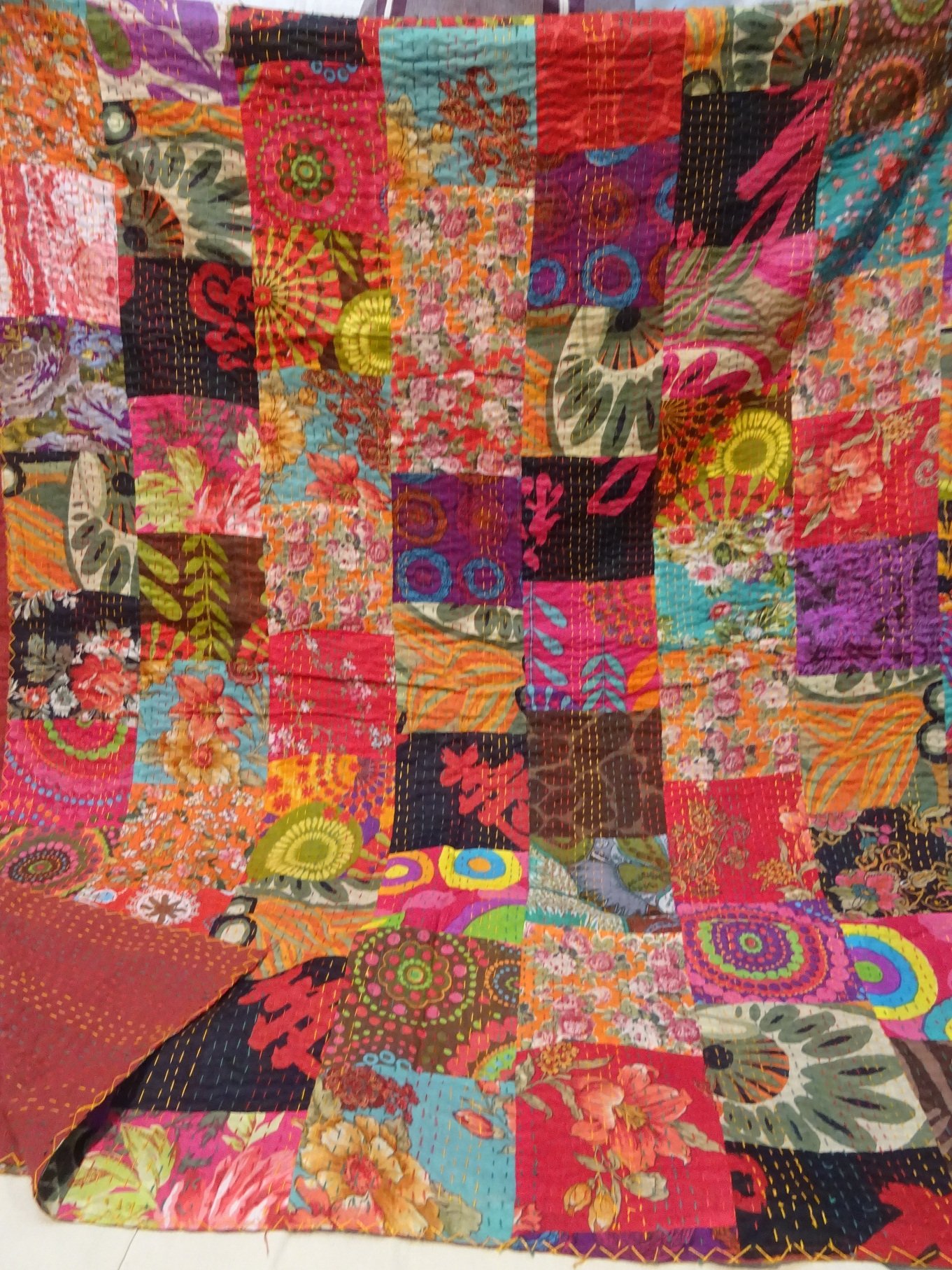 Handmade Tribal Asian Textiles Pure Cotton Queen Size Bedspread - Reversible Kantha Stitch Quilt & Indian Bed Cover - Perfect for Boho Chic Bedroom Decor, Guest Room Throw, or Cozy Living Room Accent