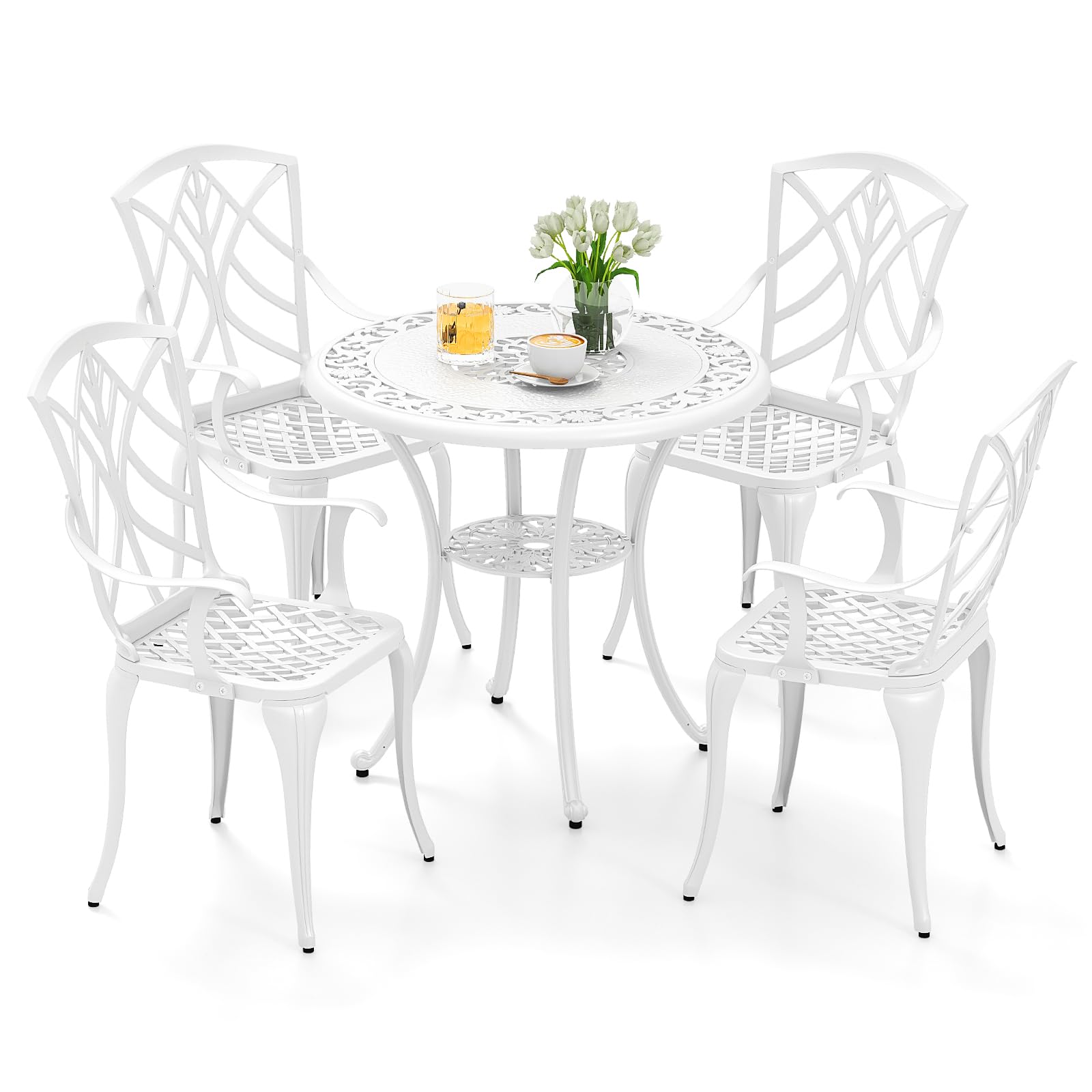 Tangkula 5-Piece Cast Aluminum Outdoor Dining Set - Round Table with 2” Umbrella Hole & 4 Armchairs, All-Weather Patio Furniture for Garden, Backyard, Balcony (White) - Perfect for Outdoor Entertaining & Relaxation