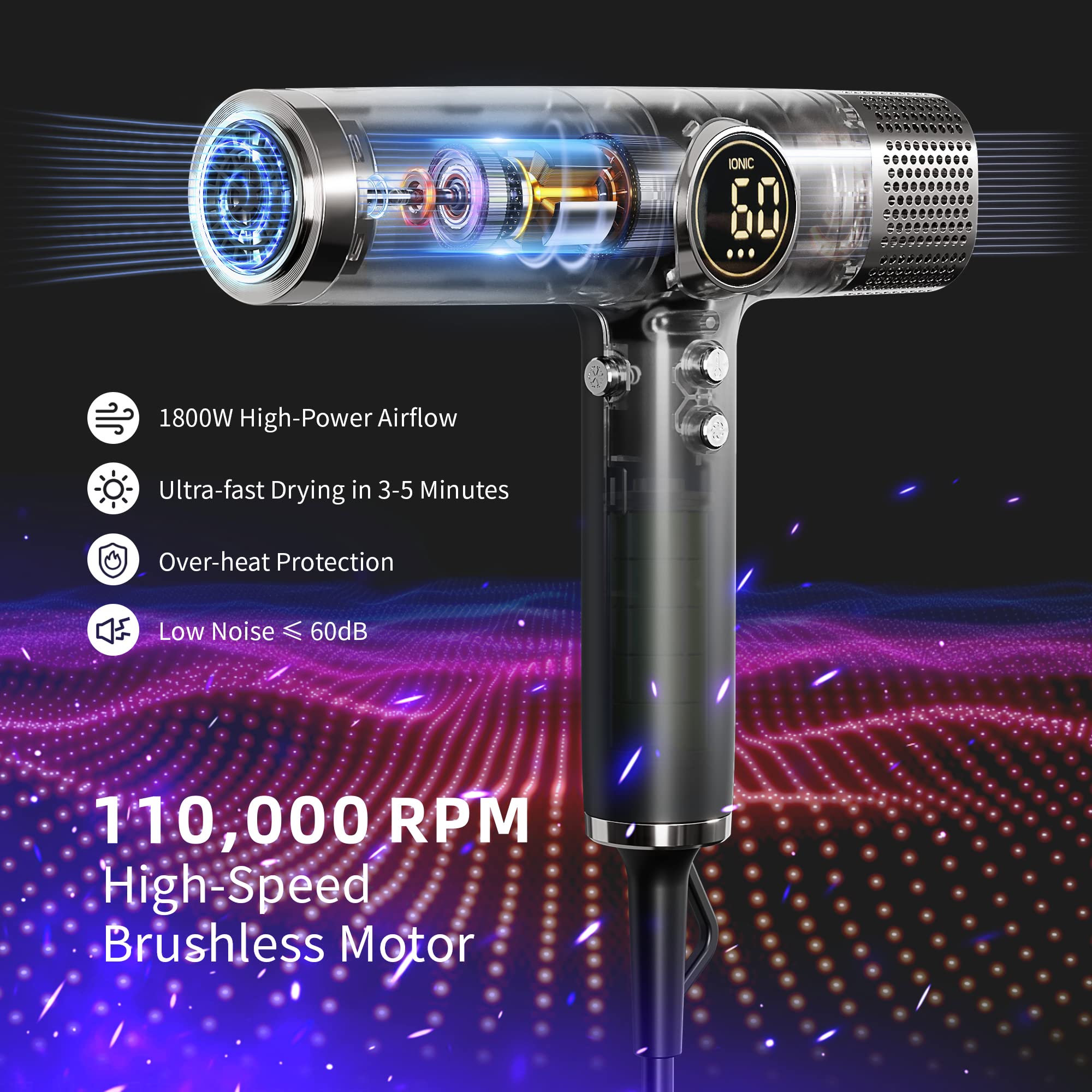 Fezax Professional Hair Dryer with Negative Ion Technology - 110,000 RPM Brushless Motor, Fast Drying & Ultra Quiet - Includes Magnetic Nozzle & Diffuser - Perfect for Home, Travel, Salon & Styling (Black)