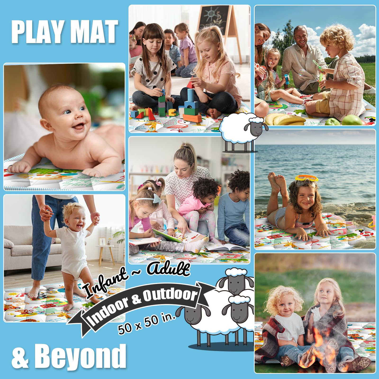 50x50 Inch Soft Thick Baby Play Mat - Foldable & Machine Washable Playpen Mat for Infants & Toddlers - Tummy Time & Floor Play - Perfect for Home, Nursery, Daycare & Travel (Holiday Design)