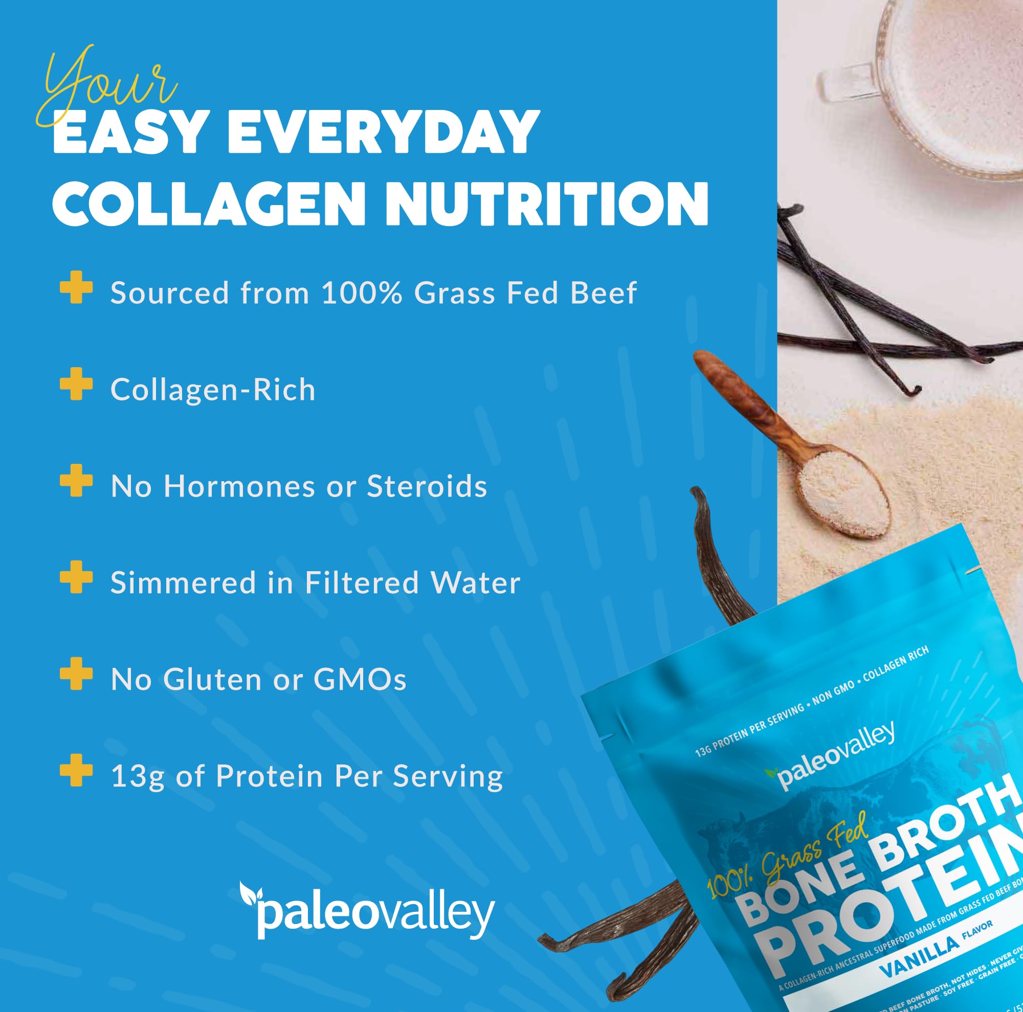 Paleovalley 100% Grass Fed Bone Broth Protein Powder Vanilla - Collagen Rich Supplement for Hair, Skin, Gut Health & Joint Support - 28 Servings - Perfect for Post-Workout Recovery & Keto/Paleo Diets