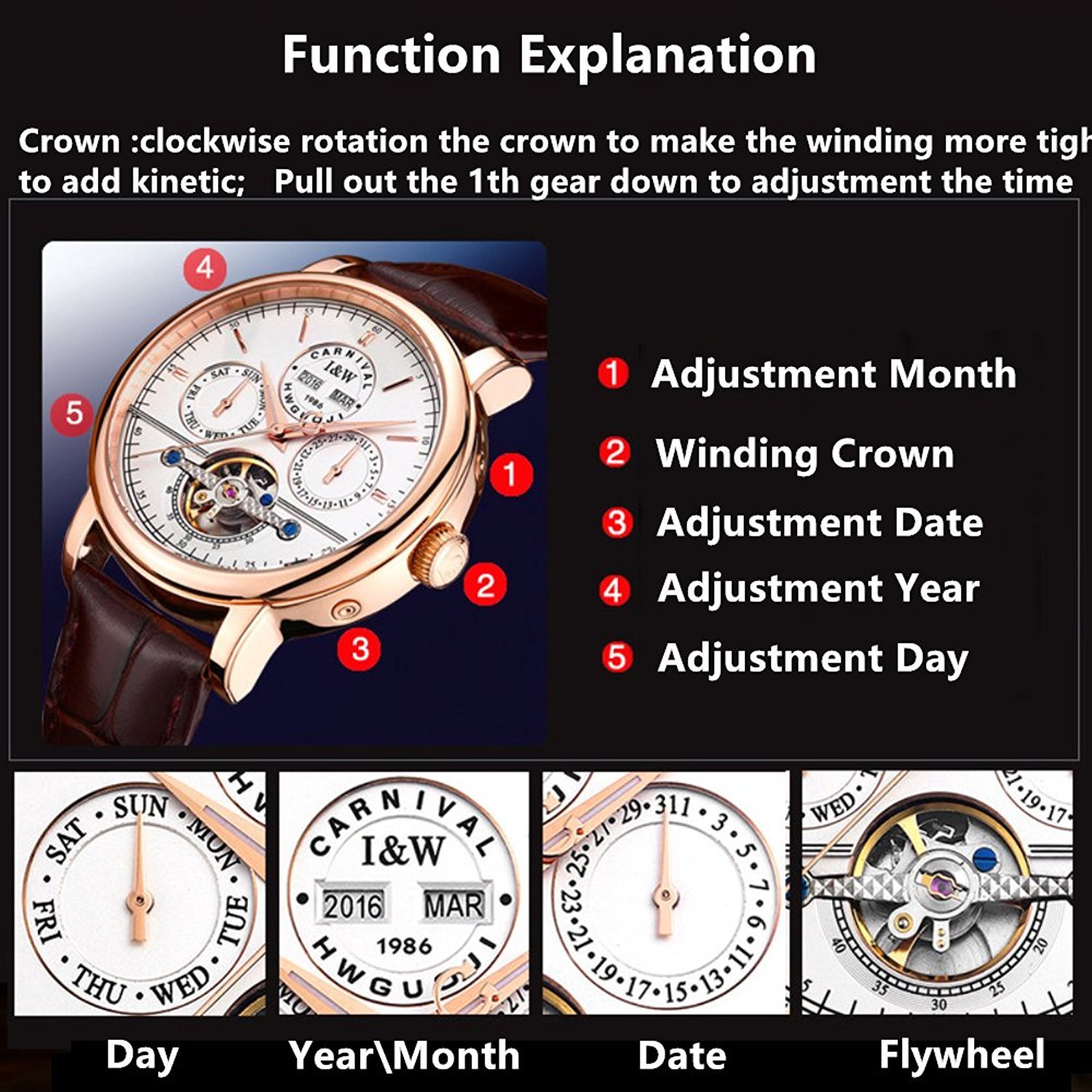 Carlien Men's Automatic Tourbillon Watch - Stainless Steel Mechanical Luminous Waterproof Multifunction Wristwatch for Business, Dress & Outdoor Activities