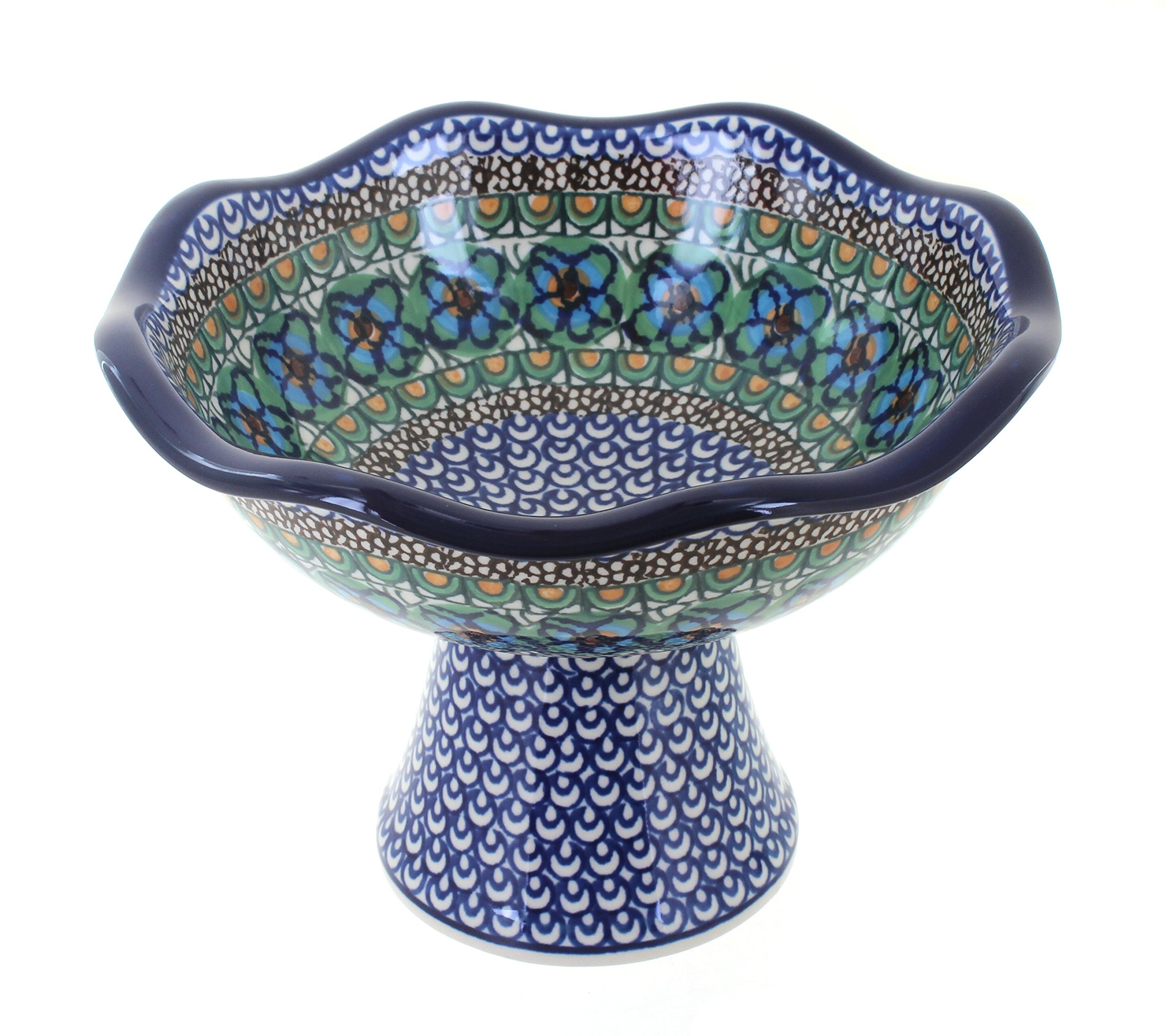 Handmade Blue Rose Polish Pottery Mardi Gras Small Pedestal Dish - Perfect for Candy Display, Jewelry Tray & Home Decor
