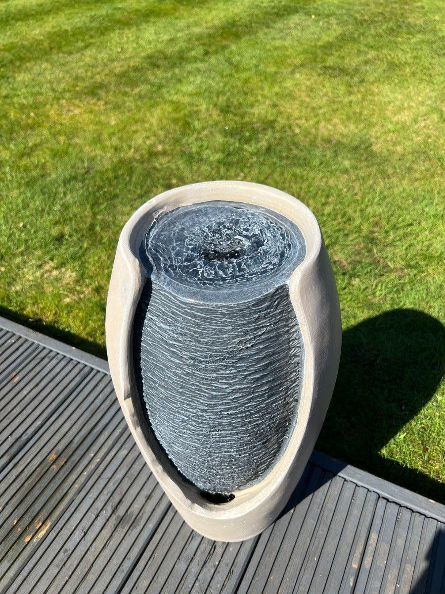 Solar Powered Open Vase Water Feature with LED Lights - White/Grey - 27x25x50cm - Perfect for Garden, Patio, and Outdoor Decor
