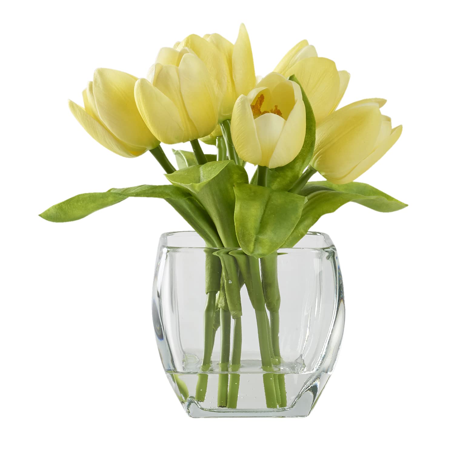 Premium Glass Cube with Artificial Tulips - Elegant Home Decor for Living Room, Office, and Wedding Centerpieces