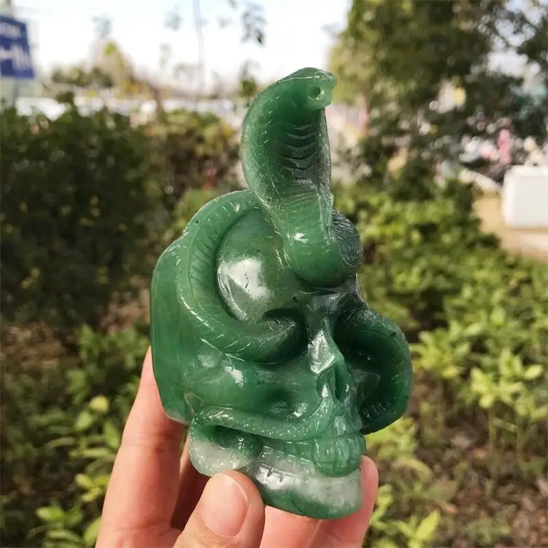 11CM Natural Green Aventurine Snake Skull Carving - Healing Crystal, Lucky Stone for Home Decor, Halloween Party & Spiritual Gifts | Feng Shui, Meditation & Positive Energy Enhancer