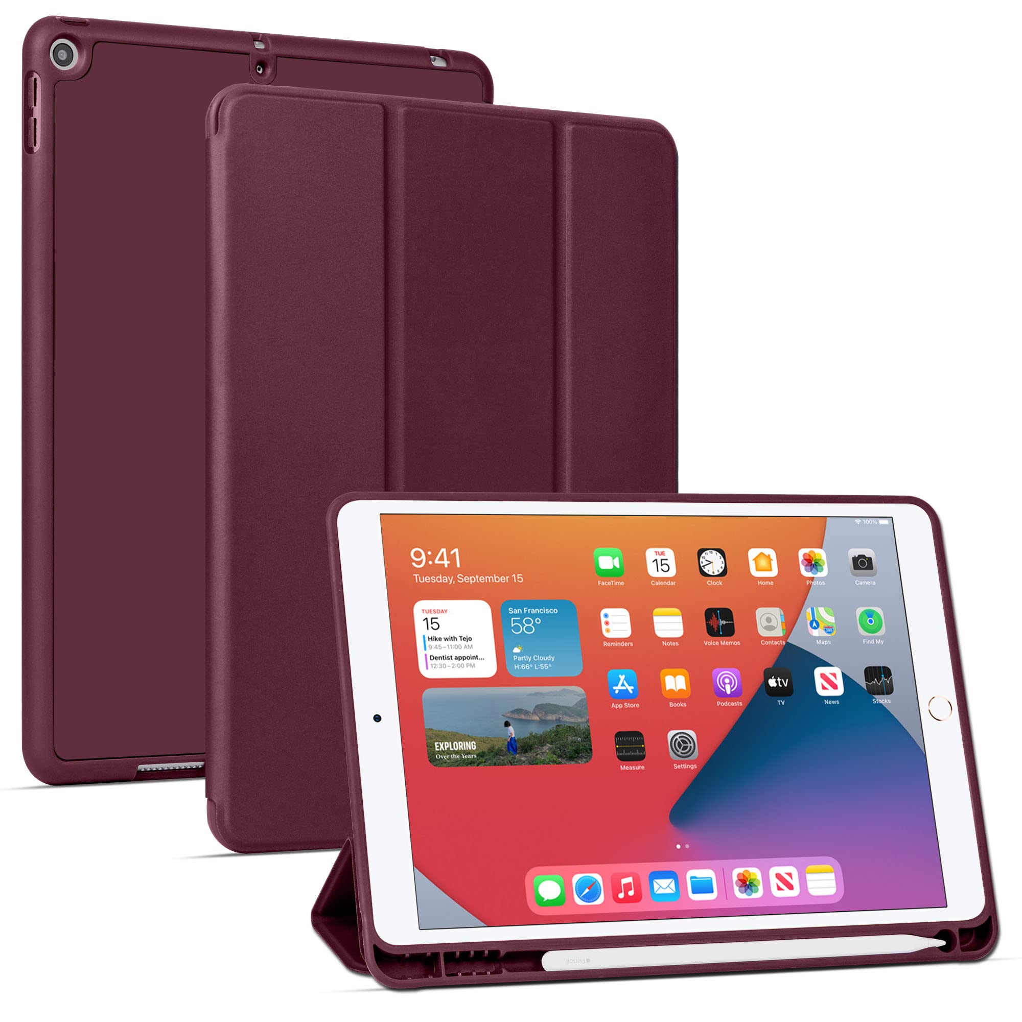Arae iPad 10.2 inch Case for 7th & 8th Generation (2019/2020) - Shockproof Corner Protection, Multi-Angle Stand with Apple Pencil Holder, Auto Wake/Sleep - Perfect for Work, School & Travel (Wine Red)