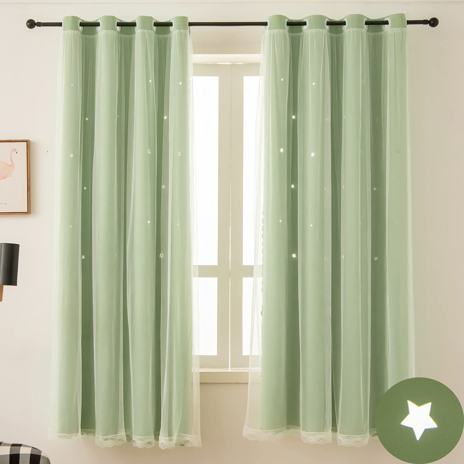 Ftinala Light Green Star Cutout Blackout Curtains - 84 Inch Long Double Layer Window Drapes for Teen Girls Room, Kids Bedroom & Baby Nursery with Tulle Decor | Perfect for Privacy, Light Blocking & Room Decoration