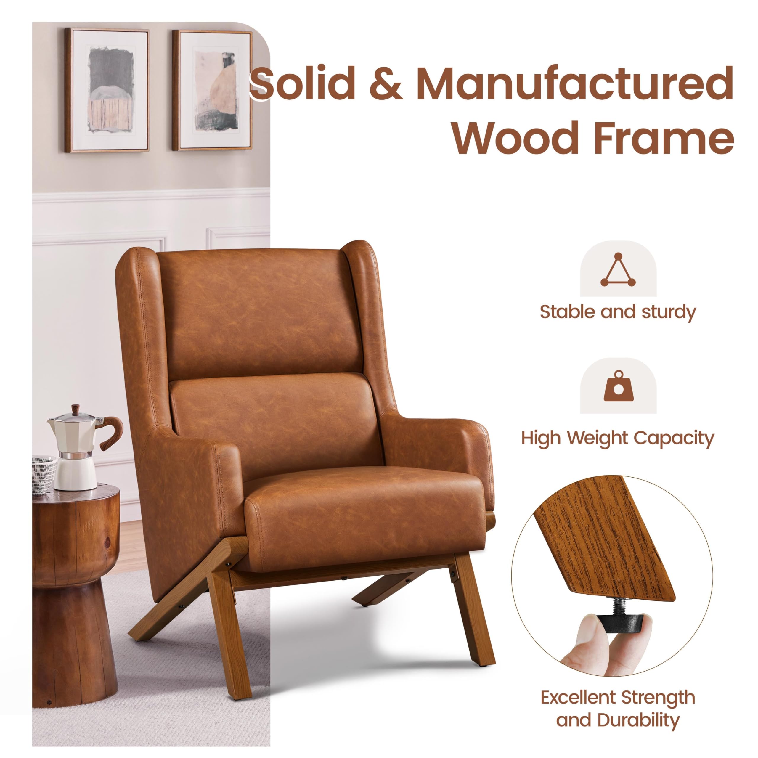 Yaheetech Oversized Brown PU Leather Accent Chair - High Wide Backrest, Thick Seat Cushion Recliner Armchair for Home Office, Living Room, Reception Area & Reading Nook - Comfortable Lounge Chair for Relaxing & Working