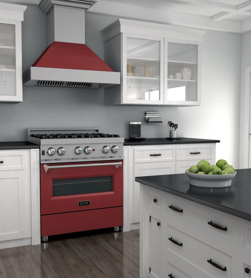 ZLINE 30 Inch 4.0 cu ft Dual Fuel Range with 4 Burner Gas Cooktop & Electric Convection Oven - Satin Stainless Steel with Red Matte Door (RAS RM 30) | Professional Kitchen Appliance for Home Chefs & Cooking Enthusiasts | Perfect for Baking, Roasting & Family Meals
