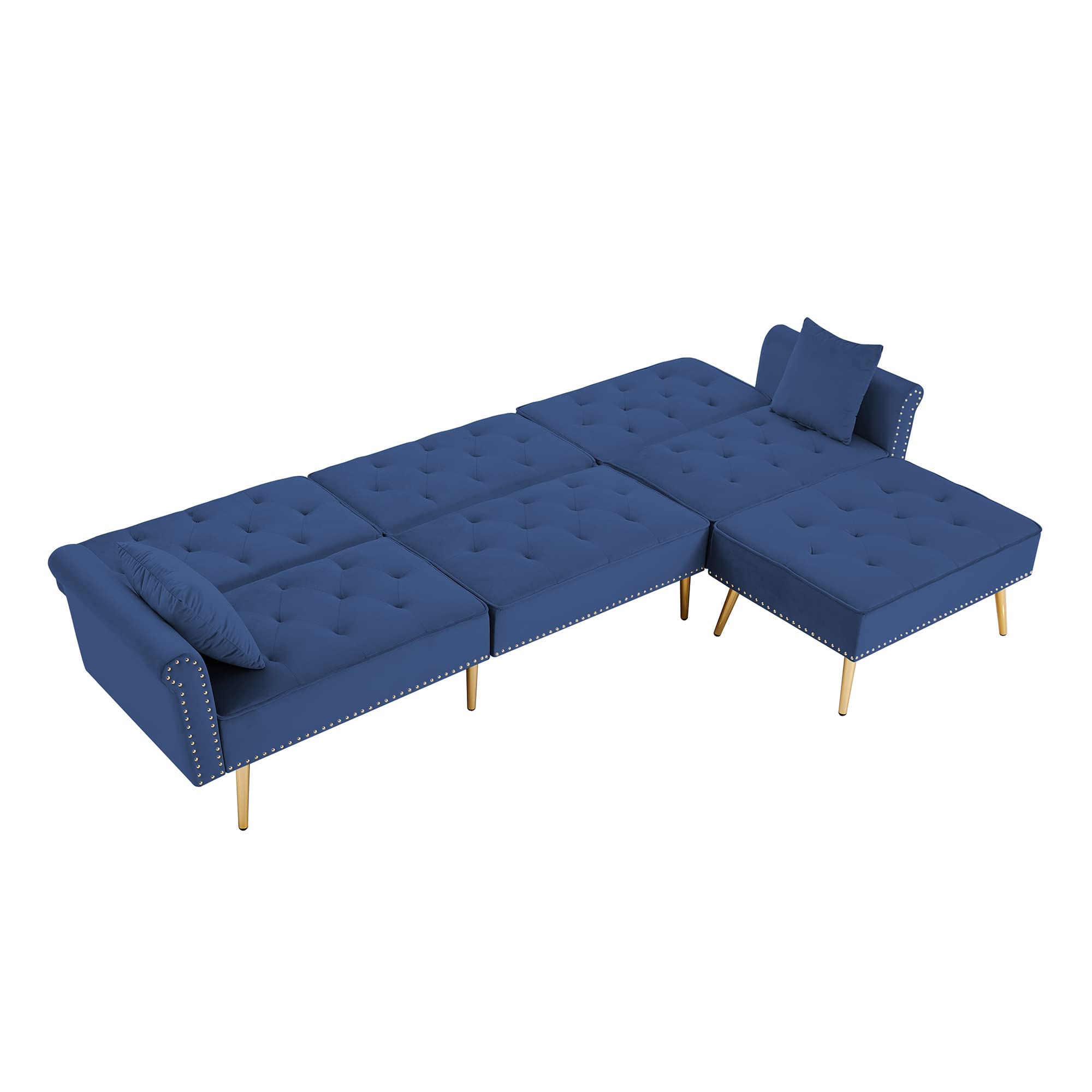 Modern Velvet Upholstered Reversible Sectional Sofa Bed - L-Shaped Convertible Couch with Movable Ottoman & Nailhead Trim for Living Room, Home Office, Small Space (Blue) | Perfect for Apartments, Guest Rooms & Lounge Areas