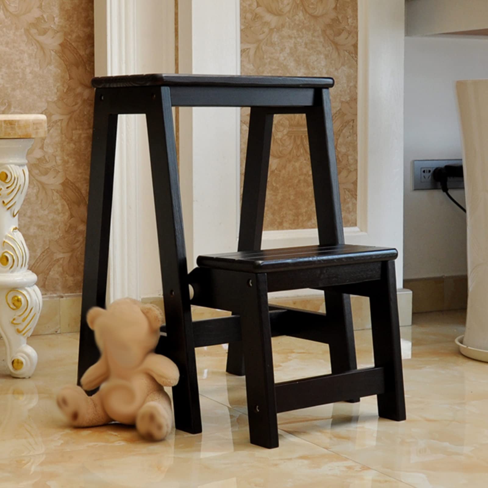 XHALERY 2-Step Wooden Folding Step Stool - Portable Kitchen Ladder Stool, Non-Slip Shoe Bench & Storage Shelf for Home, Bathroom, and Closet Organization | Perfect for Reaching High Shelves, Changing Light Bulbs, and Kids' Bedtime Stories