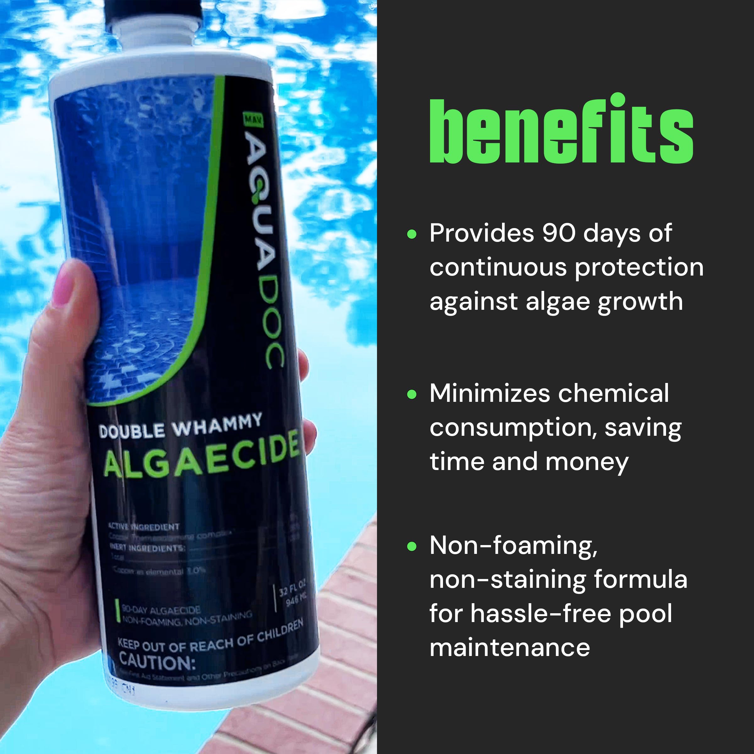 Copper Pool Algaecide for Swimming Pools - 90-Day Long-Lasting Algae Prevention & Removal for Inground Pools - Super Strength Formula for Pool Opening & Maintenance - AquaDoc 32oz - Perfect for Year-Round Pool Care, Summer Swim Season & Green Algae Treatment