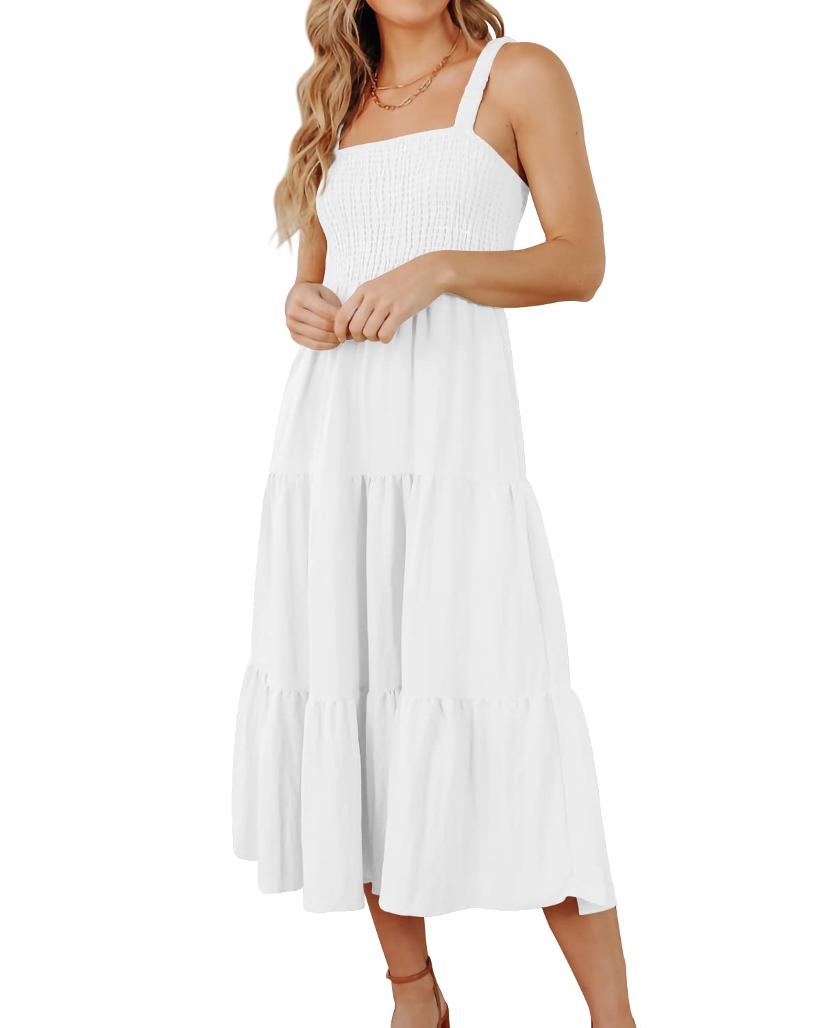 Imily Bela Women's Casual Boho Sleeveless Spaghetti Strap Maxi Dress - Smocked Tiered Summer Beach Dress for Women | Perfect for Vacations, Music Festivals & Boho Chic Outfits