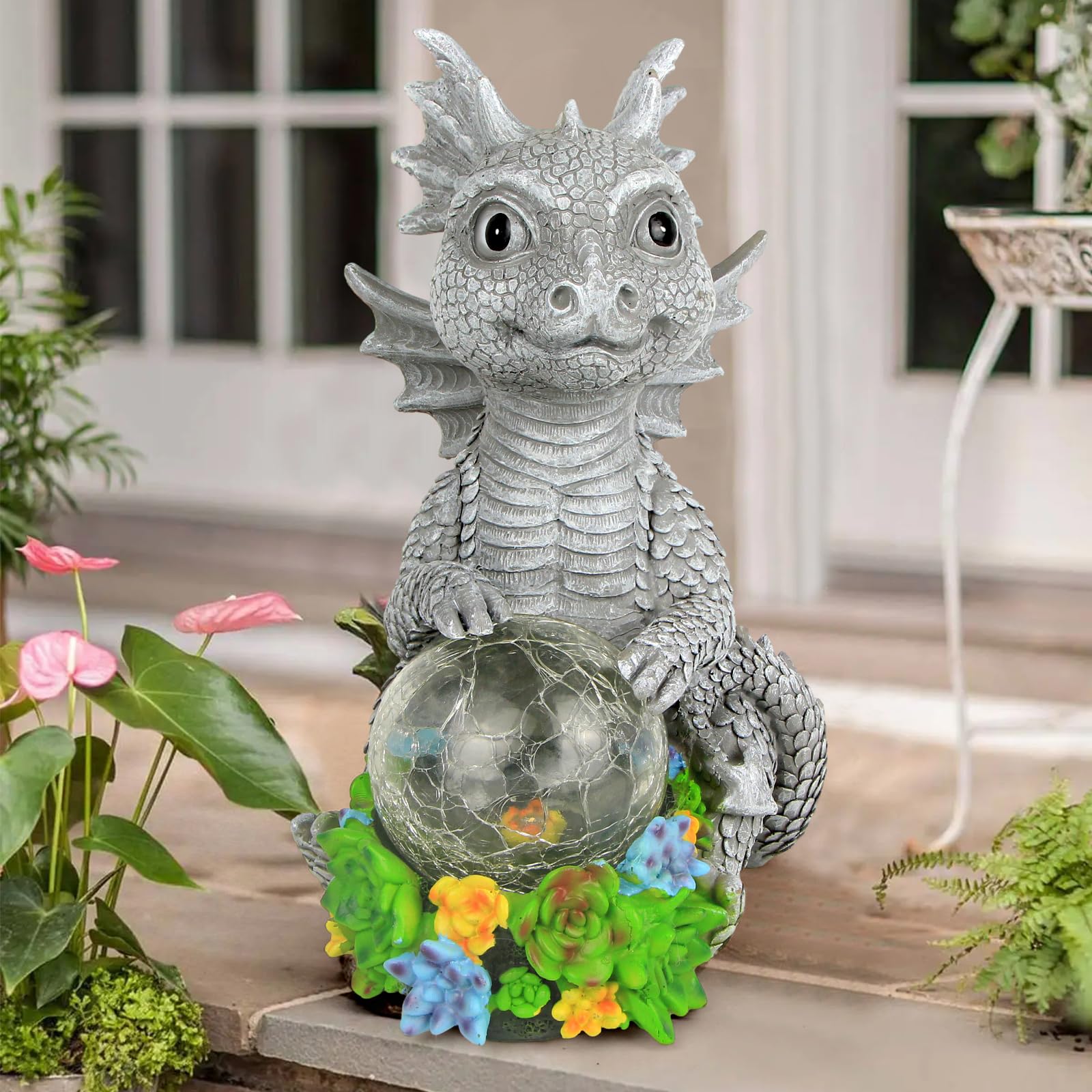 Solar LED Dragon Garden Statue Holding Magic Orb - Outdoor Lawn Decor for Patio, Balcony, Yard | Unique Gift for Mom & Grandma | Perfect for Nighttime Garden Lighting & Holiday Decorations