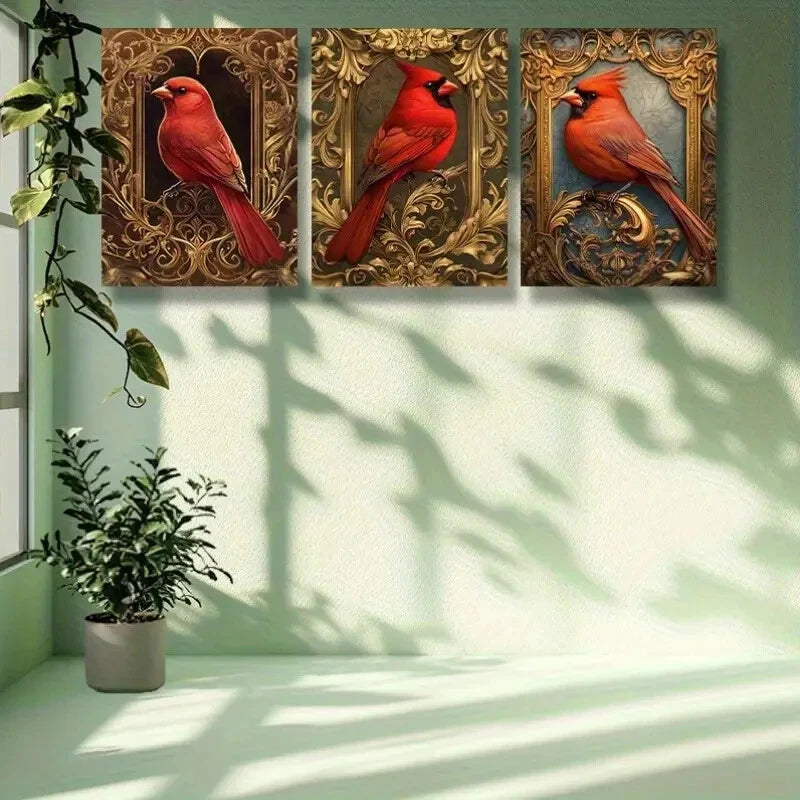 3pcs Red Bird Art Painting - Royal Look Metal Print Wall Art Ready to Hang - Perfect for Living Room, Bedroom & Office Decor