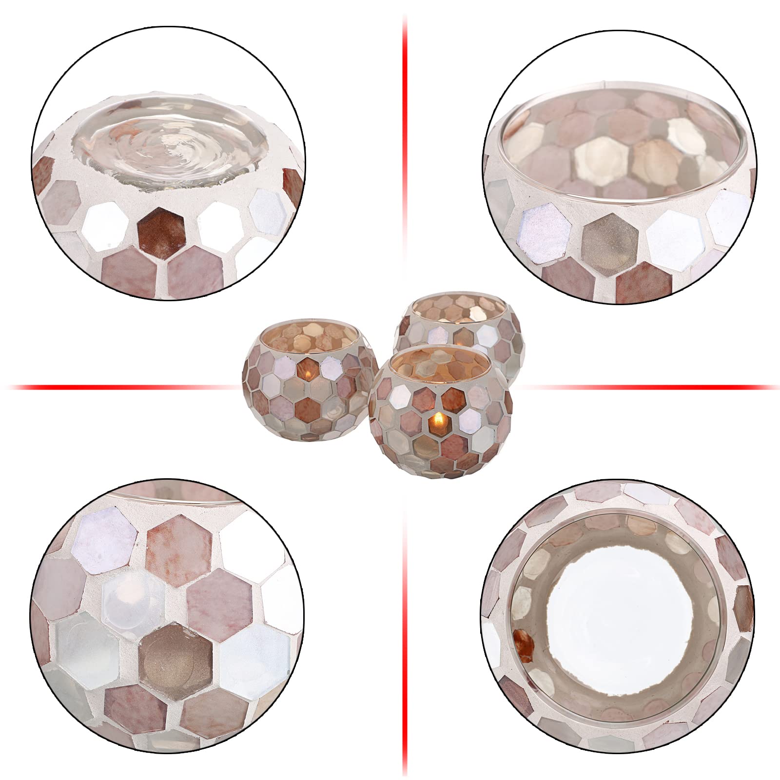 Set of 3 Mosaic Glass Tea Light Holders - Round Bowl Votive Candle Stands for Wedding Centerpieces, Dining Table Decor & Home Ambiance | Perfect for Romantic Dinners, Party Decorations & Spa Relaxation