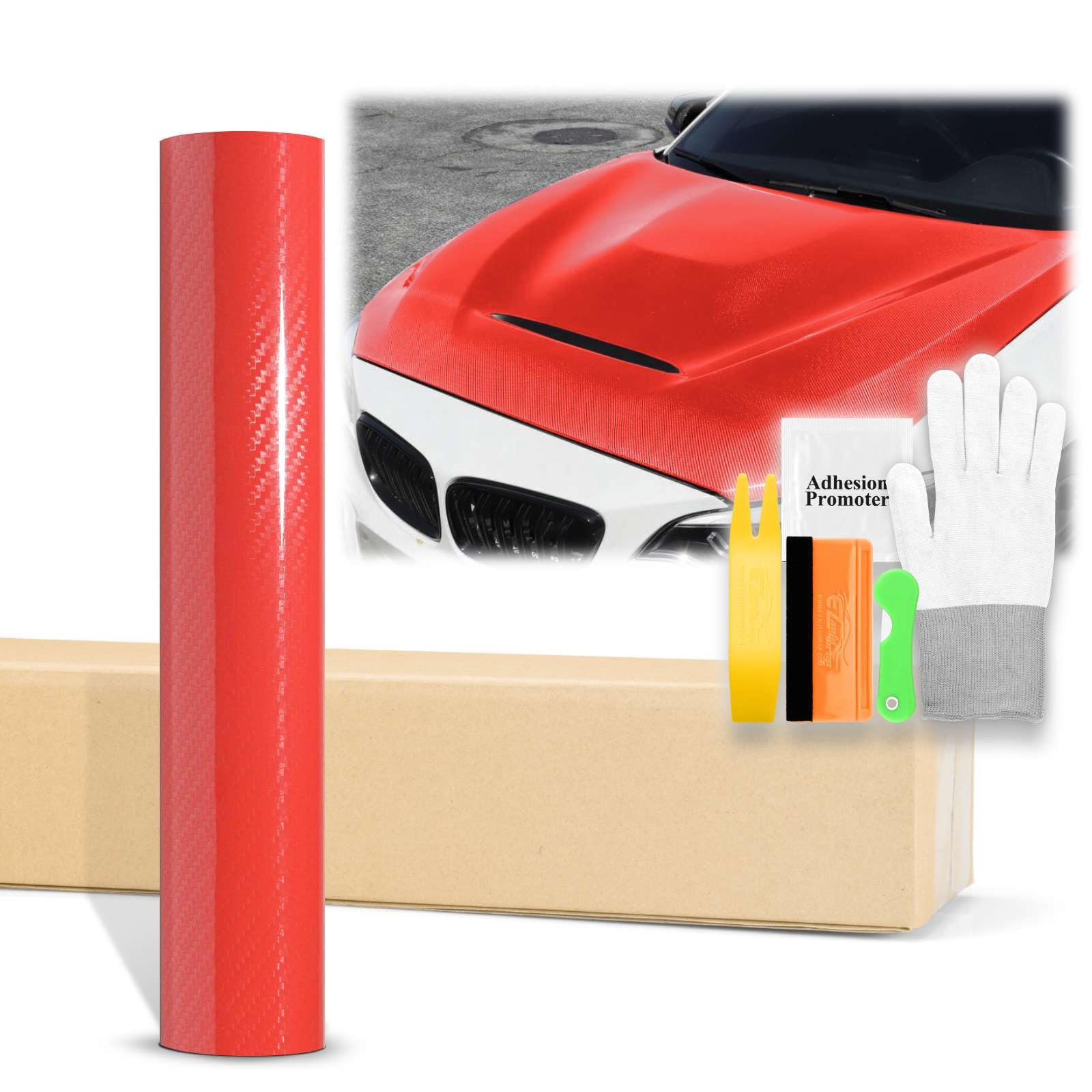 5FTx15FT Red 5D Carbon Fiber Vinyl Wrap for Cars - High Gloss Textured Auto Sticker Decal Film with Bubble-Free Air Release Technology & Tool Kit - Perfect for Vehicle Customization, DIY Projects, and Car Detailing