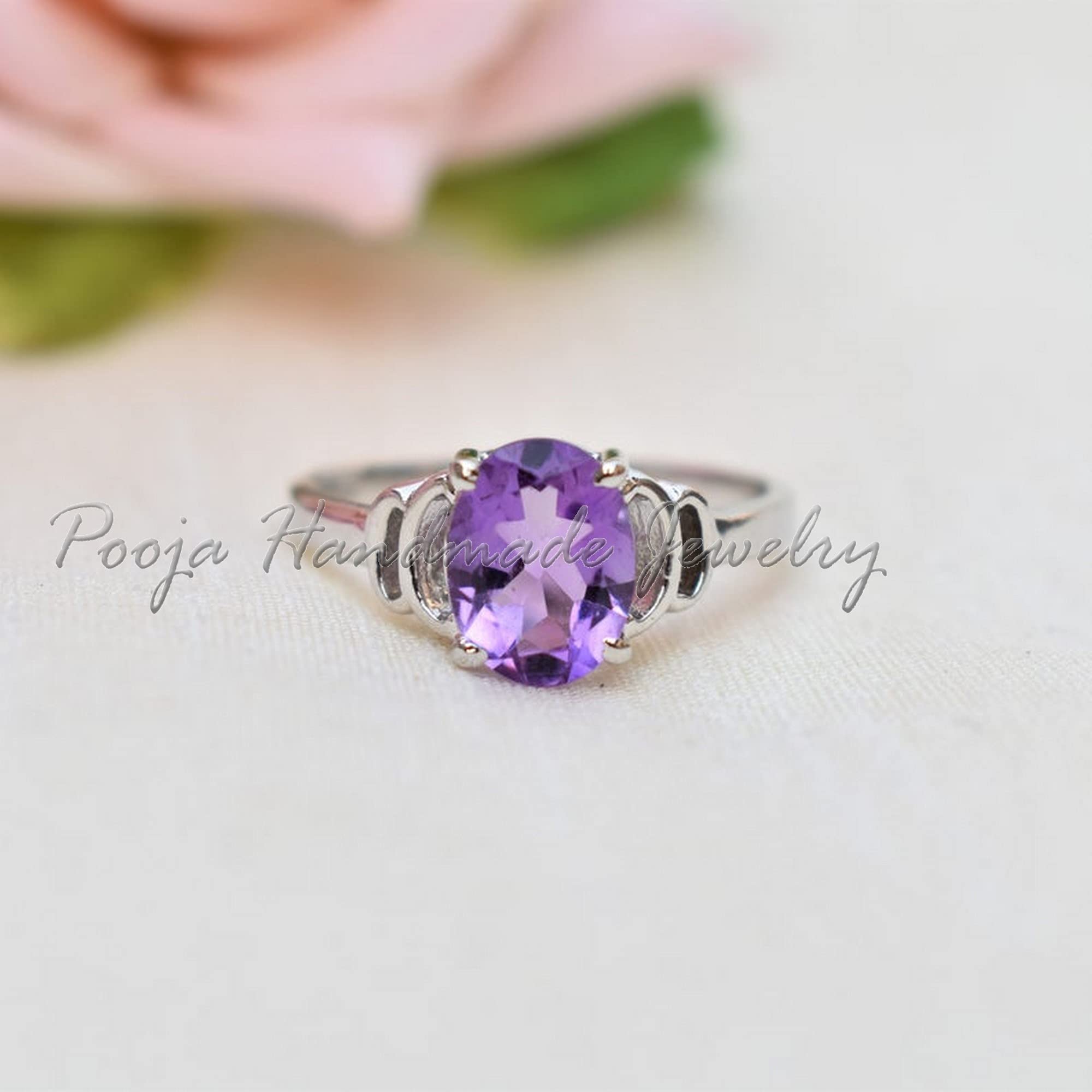 925 Sterling Silver Amethyst Ring - Handmade African Amethyst Dainty Ring for Women | February Birthstone Engagement Ring, Promise Gift & Statement Jewelry for Her | Perfect for Valentine's Day, Anniversary & Special Occasions