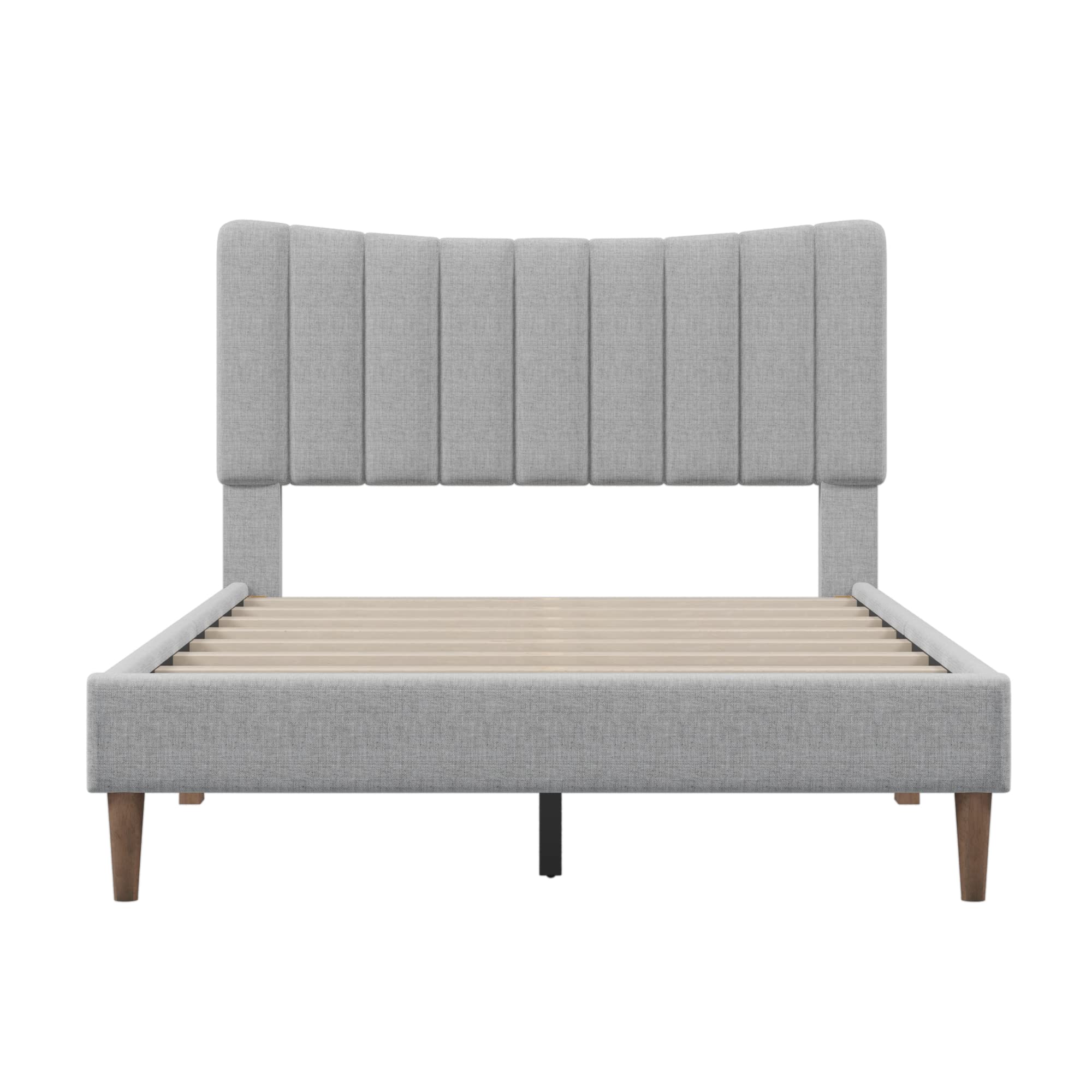 SOFTSEA Full Size Bed Frame with Vertical Channel Headboard - Modern Linen Upholstered Platform Bed with Sturdy Wood Slat Support, No Box Spring Required, Gray | Perfect for Small Bedrooms, Guest Rooms & Modern Apartments