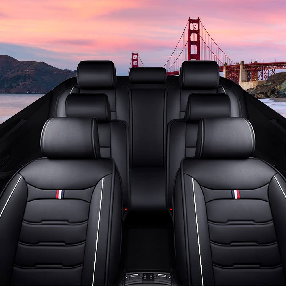 Premium Leather Car Seat Covers for Cadillac XT6 2020-2024 - 7-Seat Full Set, Durable Waterproof & Breathable Vehicle Seat Protectors (Black/White) - Perfect for Family Road Trips, Daily Commutes & Pet Protection