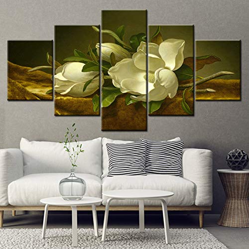 5-Piece Canvas Wall Art Set - Magnolia Flower on Gold Velvet Framed Paintings for Living Room, Bedroom & Office Decor | Multi-Panel Home Wall Decor | Ready-to-Hang Artwork for Modern Interior Design