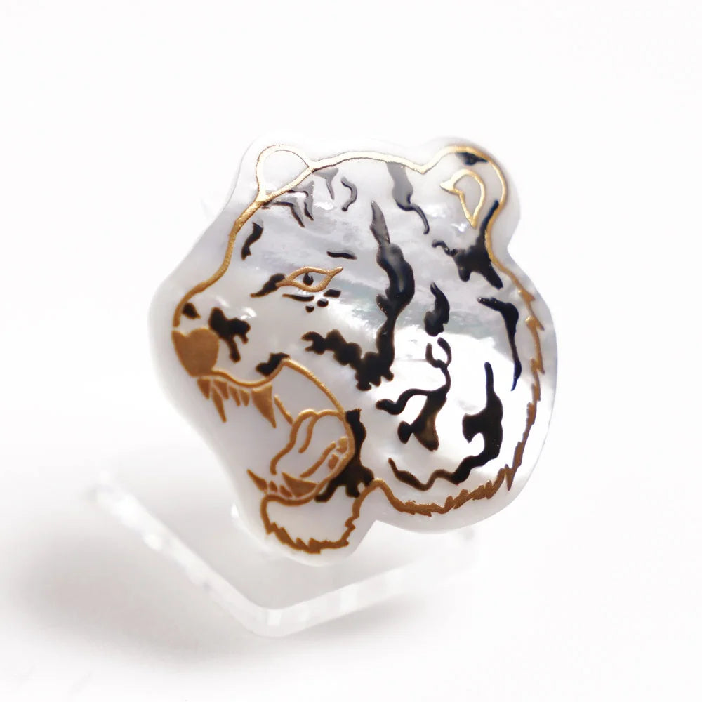 Handmade Maki-e Urushi Lacquer Brooch with White South Sea Pearl Shell & Tiger Design - Traditional Japanese Lacquer Jewelry for Women, Gift for Pearl Lovers, Perfect for Weddings & Special Occasions