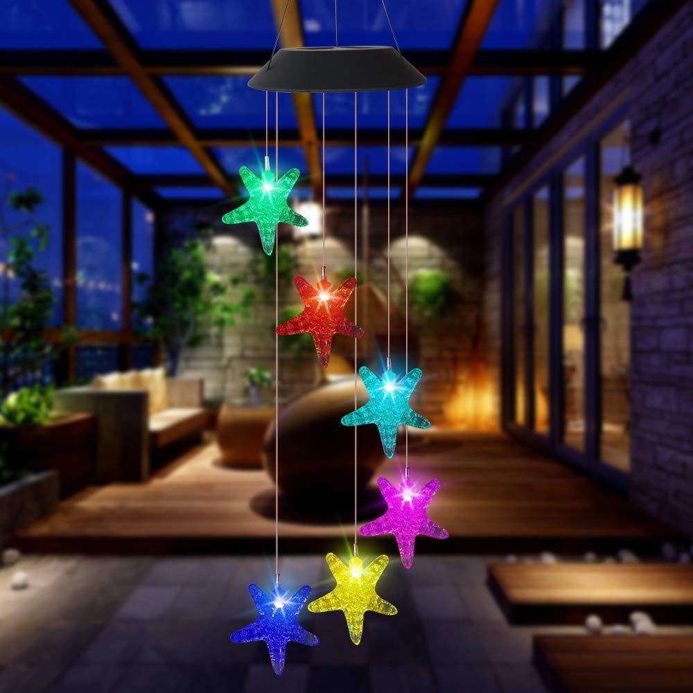 Solar Powered Color Changing Wind Chime Lights - Outdoor Hanging Garden Decor for Walkways, Pathways, Backyards & Parties (Sea Star Design) | Perfect for Patio, Deck, Porch & Landscape Lighting
