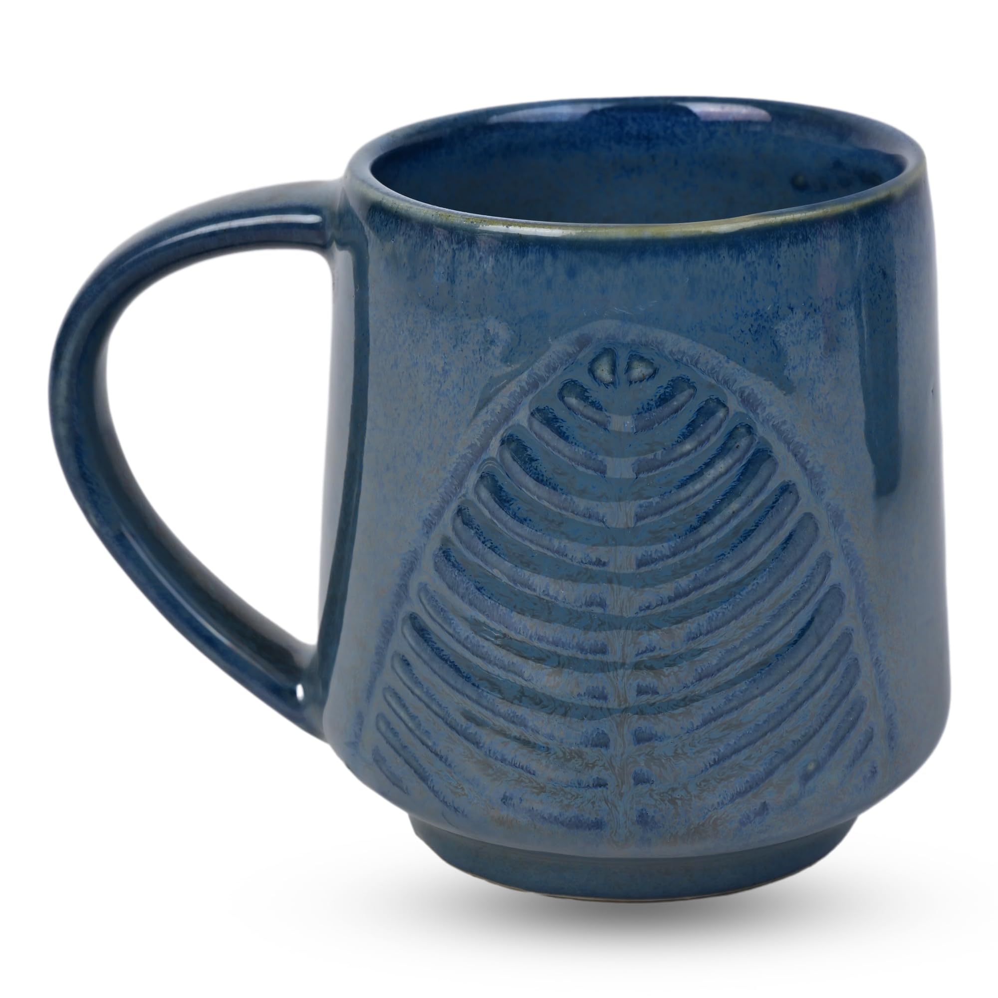 Boxome 300ml Stoneware Coffee Mug - Non-Toxic, Microwave & Freezer Safe - Leaf Pattern Stone Blue Ceramic Cup for Home, Office & Outdoor Use