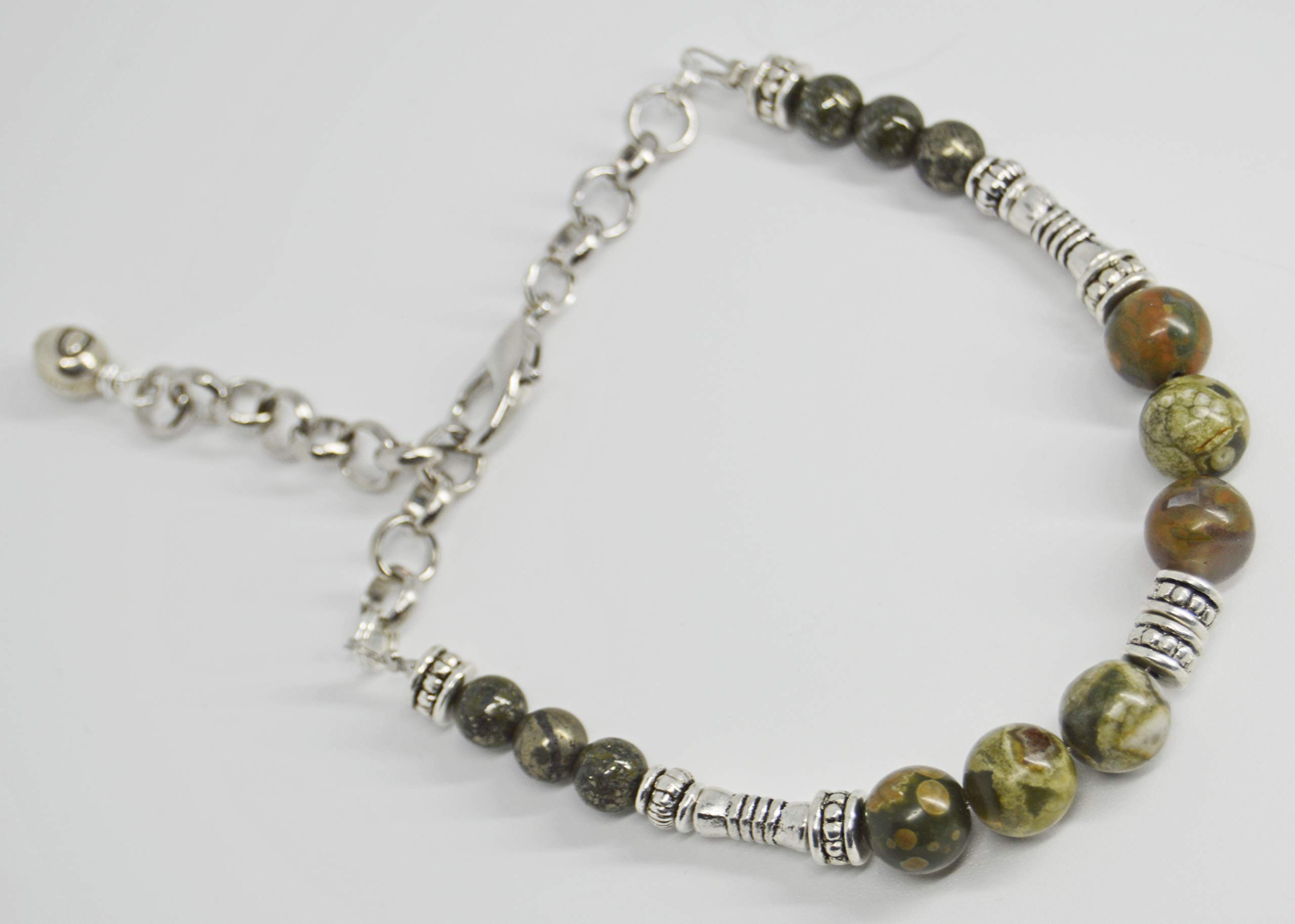 Beaded Gemstone Bracelets for Men & Women - Adjustable Rhyolite & Pyrite Stone Jewelry - Perfect for Gifts, Meditation & Boho Fashion