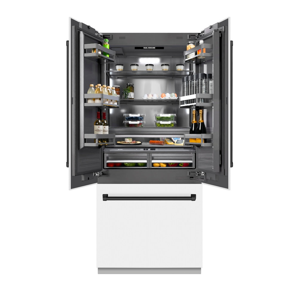 ZLINE Autograph Edition 36 Inch French Door Built-In Refrigerator - 19.6 cu ft Capacity, Water Dispenser & Ice Maker - White Matte Exterior with Graphite Gray Interior & Matte Black Accents (GRBIVZ WM 36 MB) - Perfect for Modern Kitchens, Open Concept Homes & Luxury Appliance Upgrades