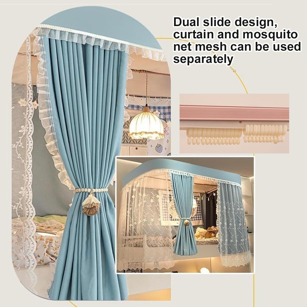 Bunk Bed Canopy Curtain Set with Frame - Top & Lower Bunk Bed Tent with Mosquito Net - Beige Loft Bed Curtains for Kids & Teens - Perfect for Dorm Rooms, Bedrooms & Sleepovers