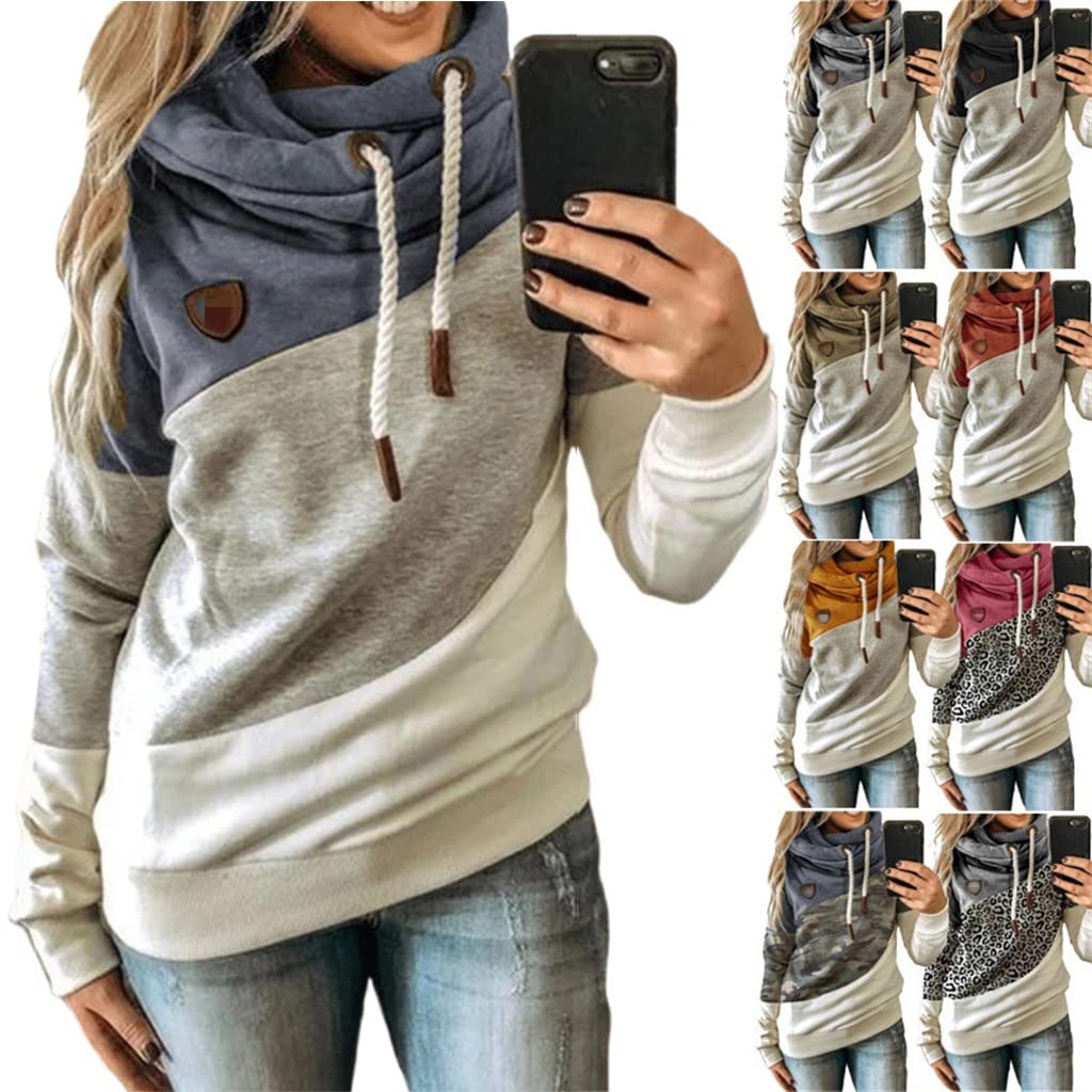 Women's Casual Long Sleeve Color Block Funnel Neck Double Hooded Leopard Camo Print Pullover Sweatshirt | Cozy Fall Winter Fashion for Streetwear & Lounge Wear
